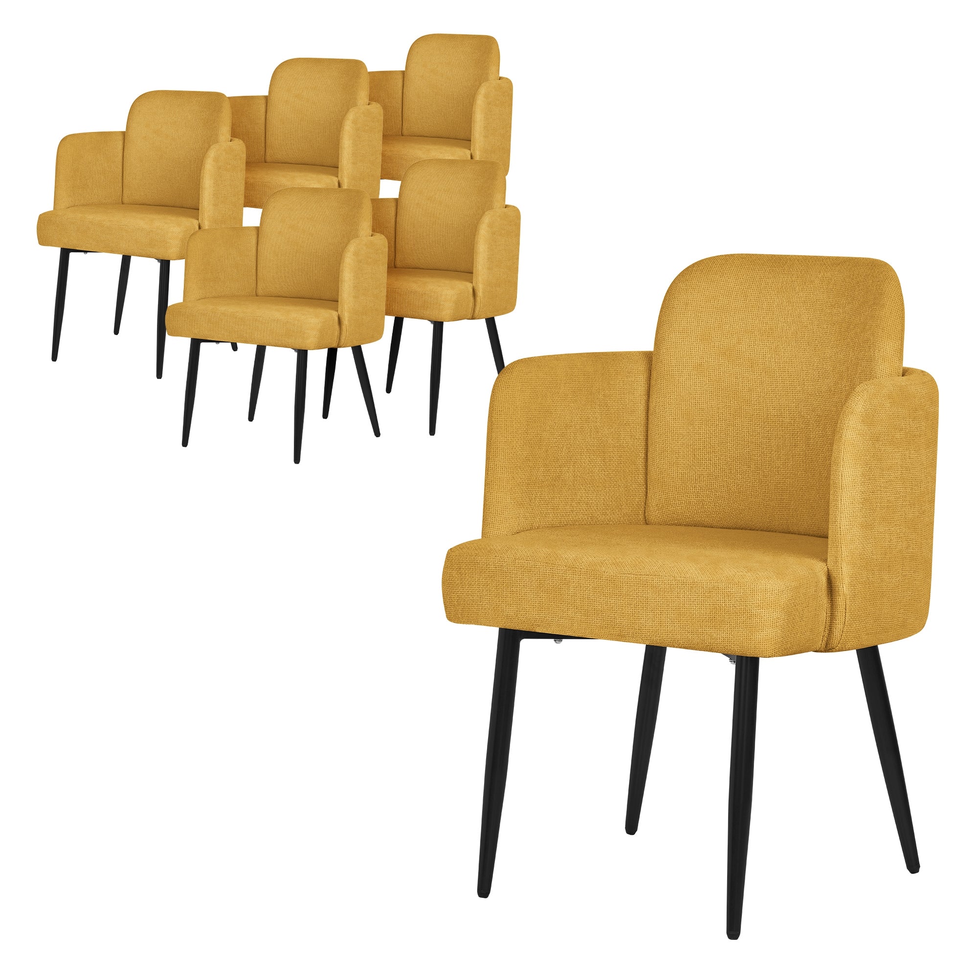 Six chaises jaunes avec des pieds noirs disposées en groupe.