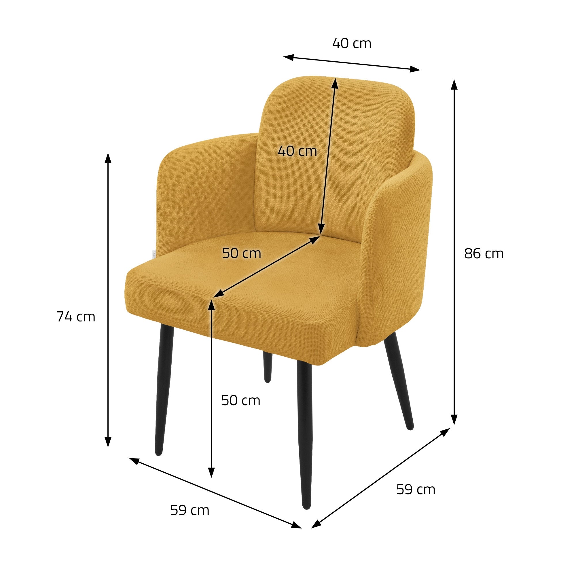 Keltainen tuoli mitat: 40 cm leveys, 50 cm syvyys, 86 cm korkeus.