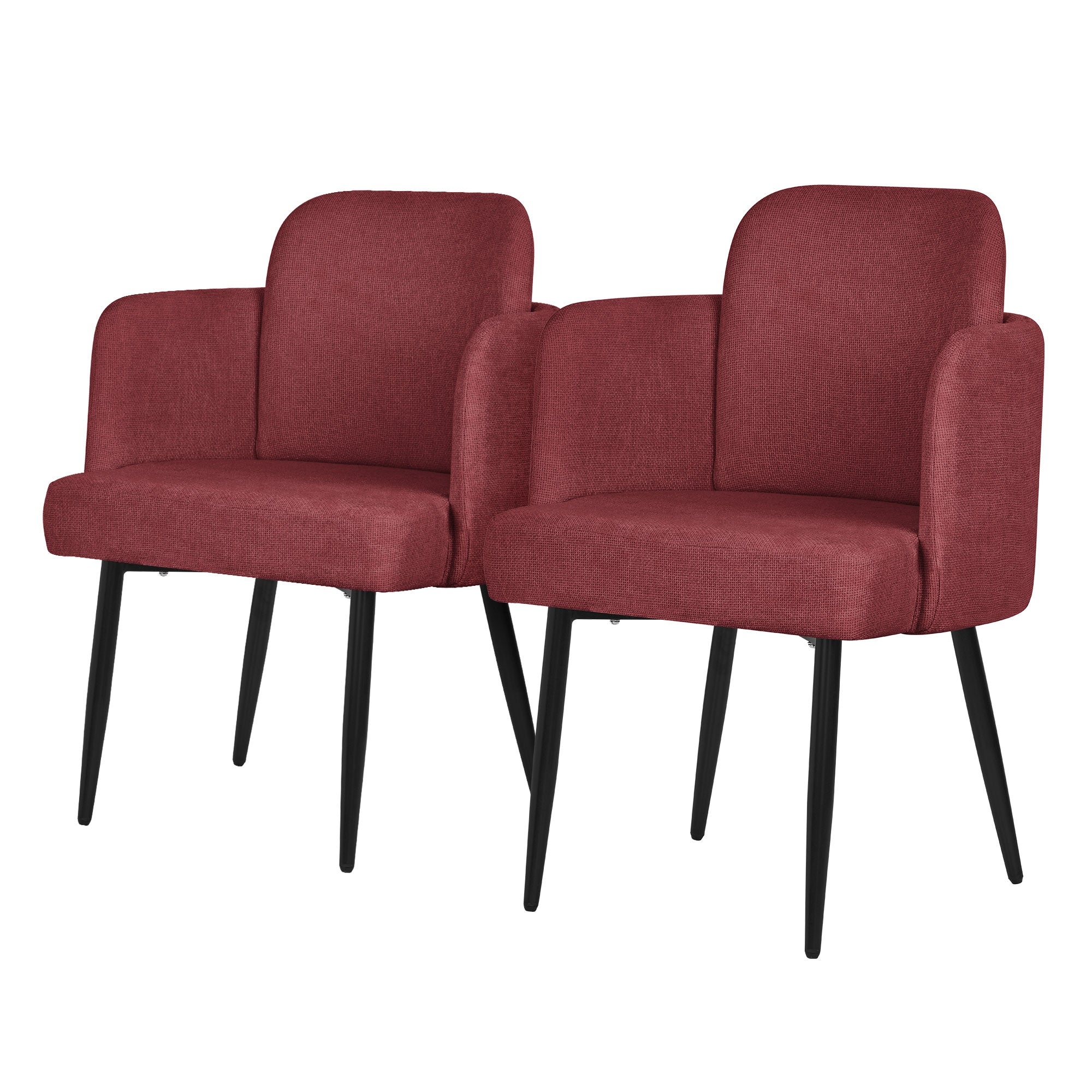 Deux fauteuils rouges avec des pieds noirs.