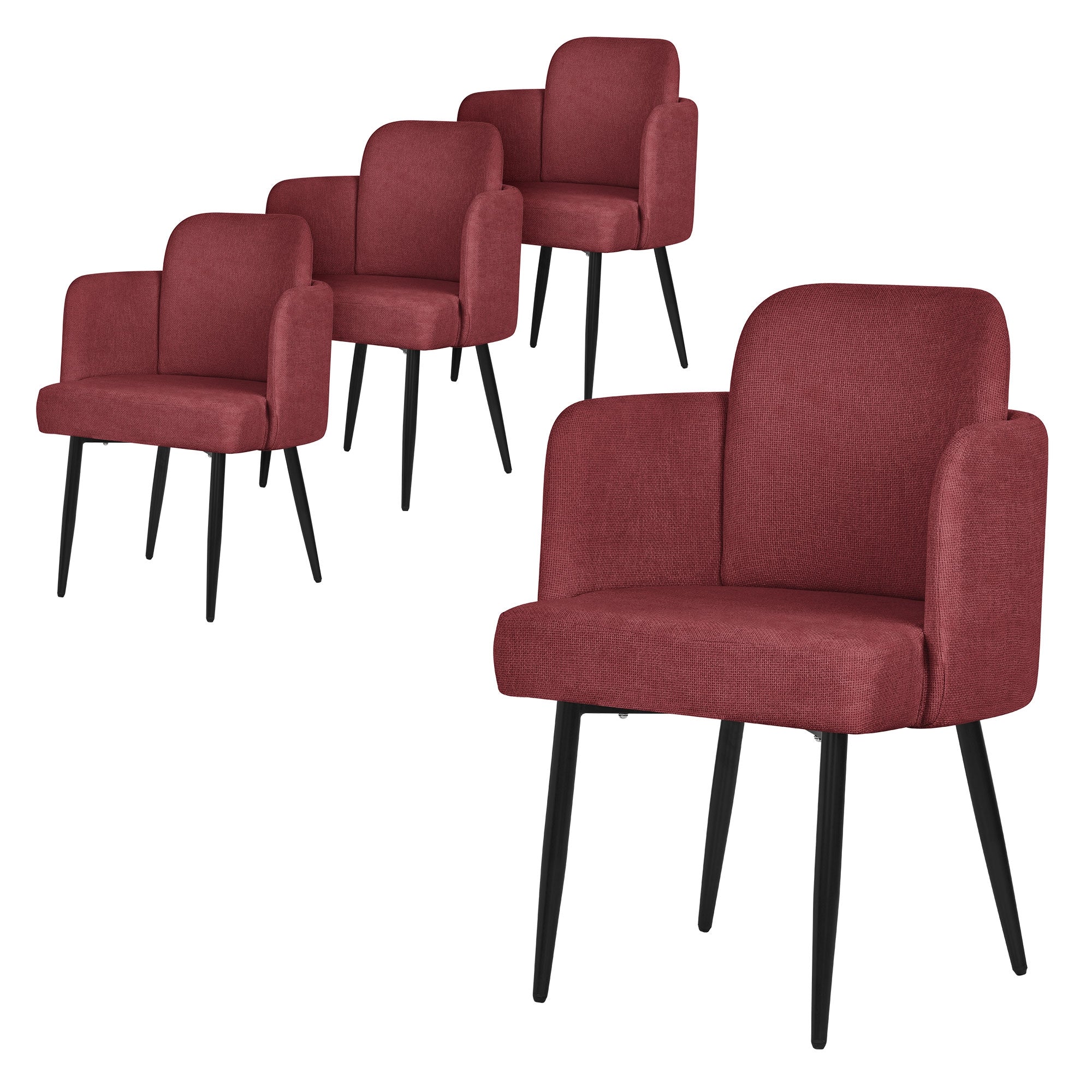 Quatre chaises rouges avec des pieds noirs en rangée.