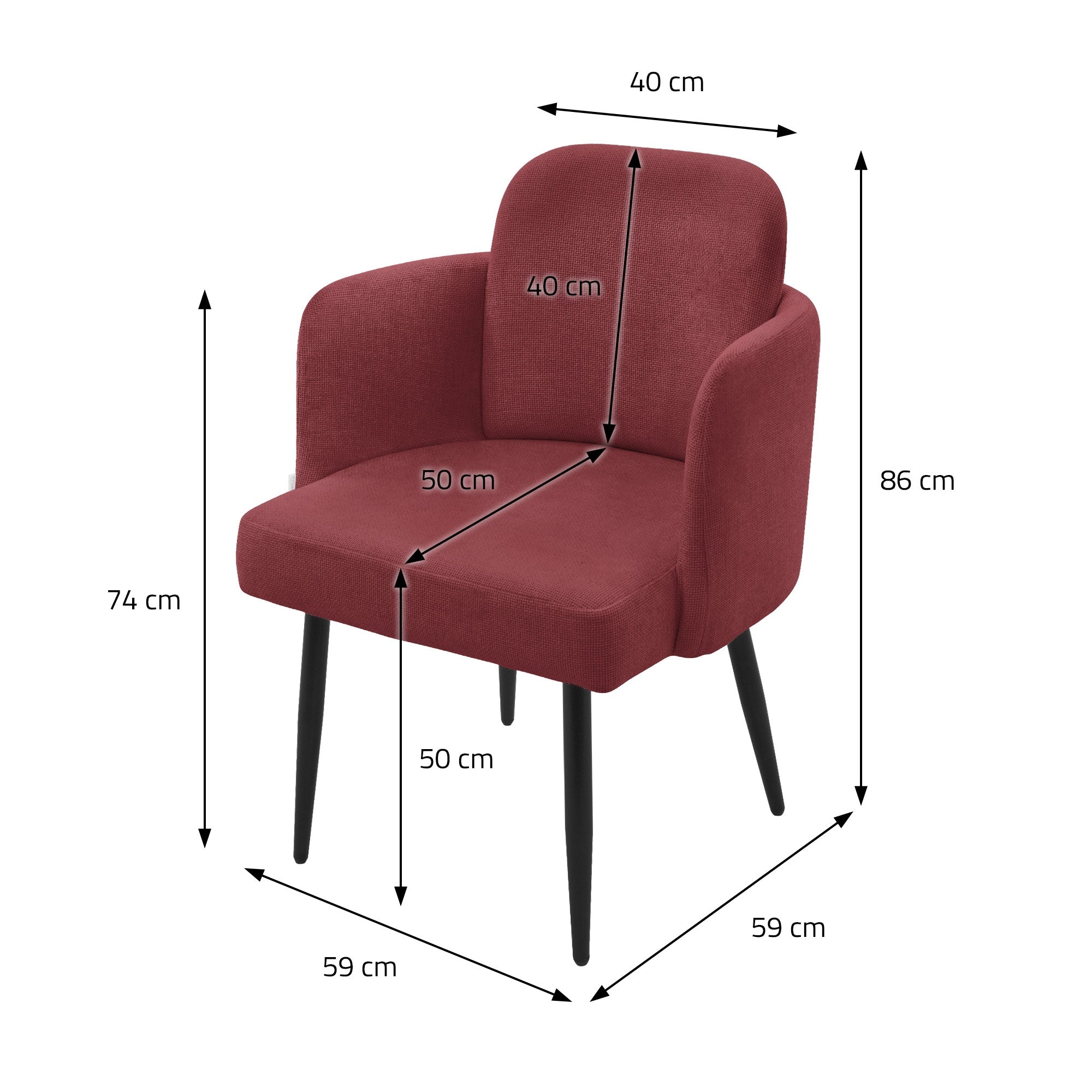 Disegno tecnico di una sedia rossa con dimensioni in centimetri.