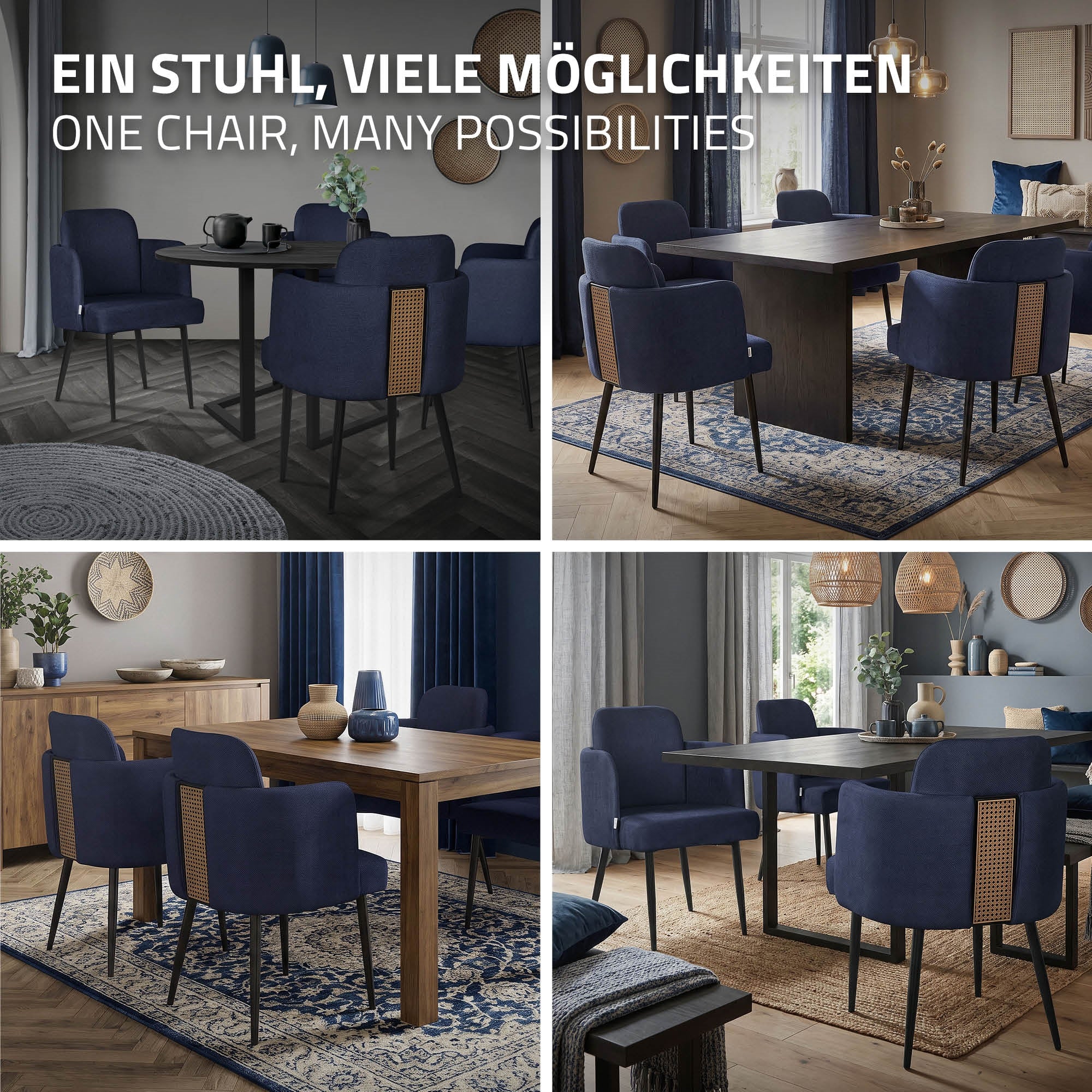Vier blaue Stühle um einen Holztisch in einem modernen Esszimmer.