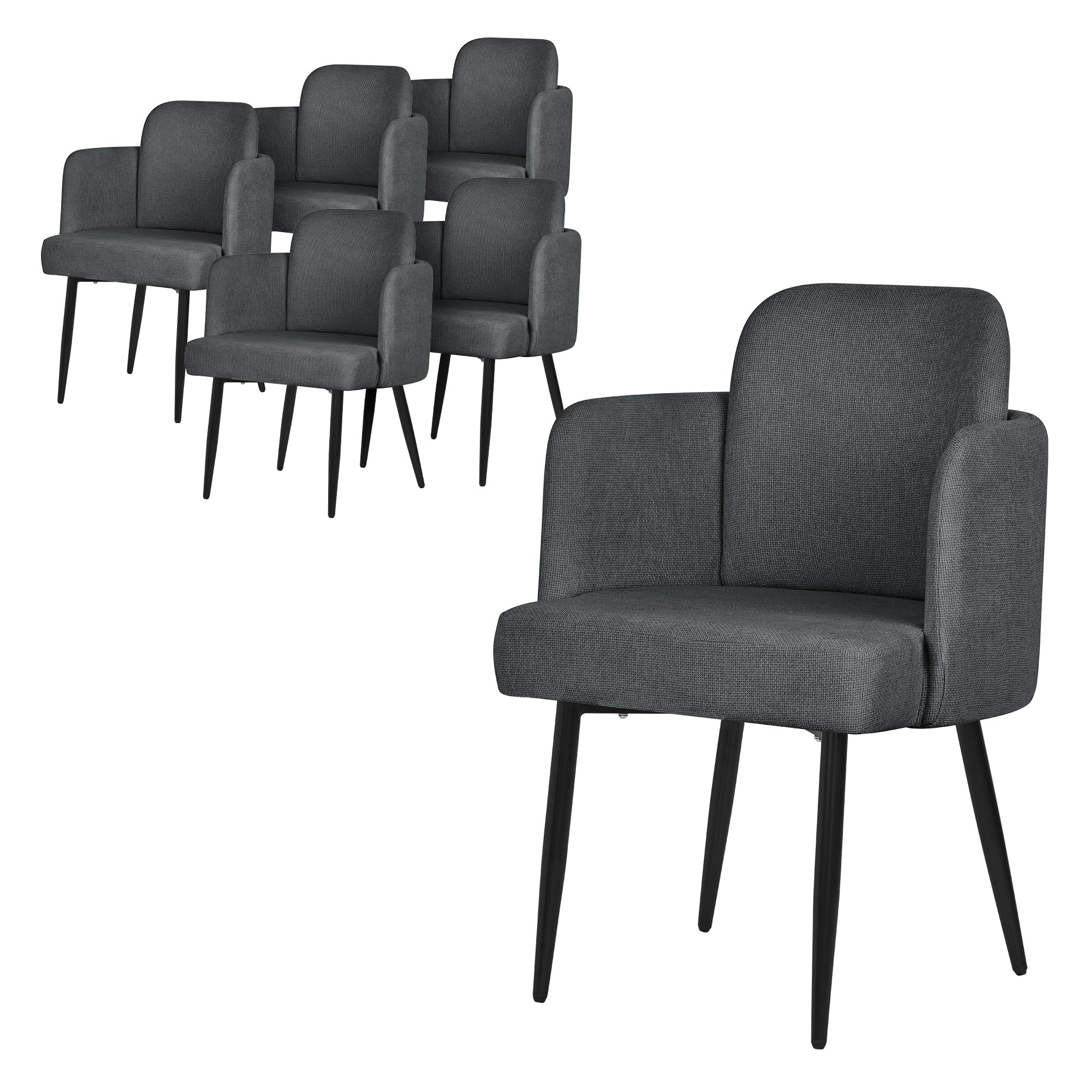 Six fauteuils gris avec des pieds noirs en groupe.