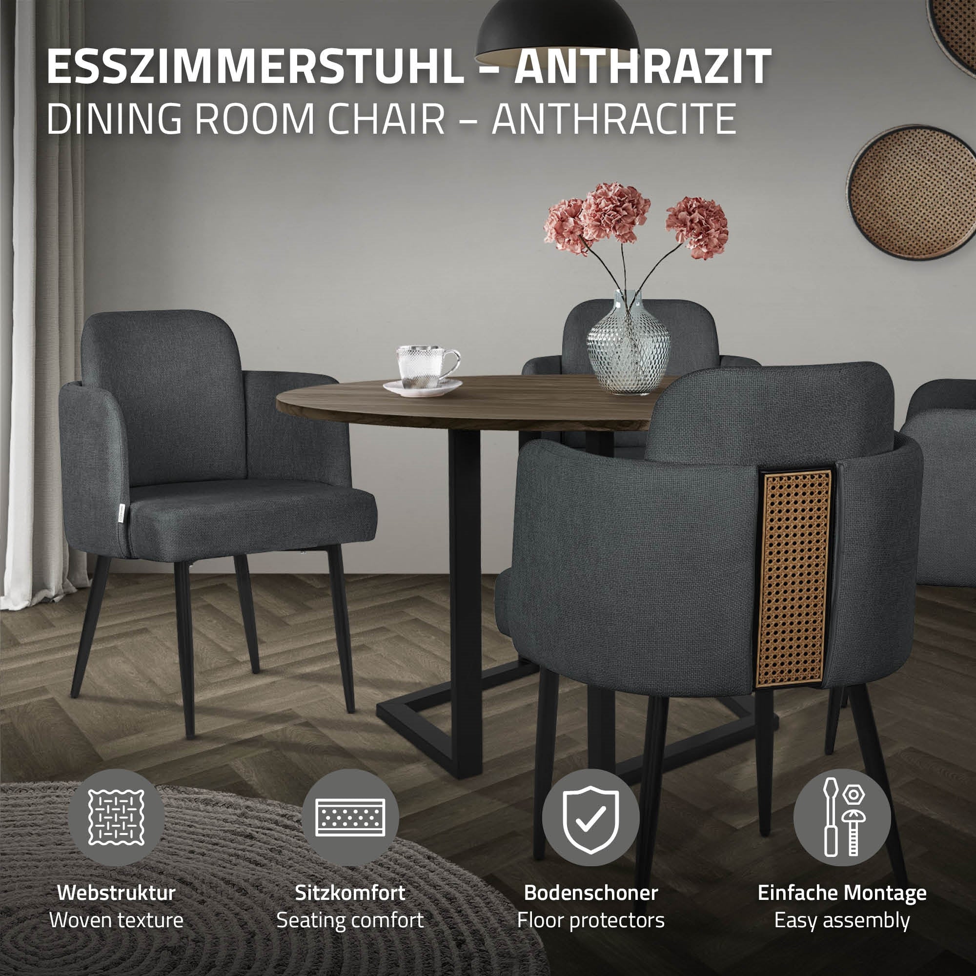 Chaise de salle à manger en anthracite avec des informations sur la structure et le montage.