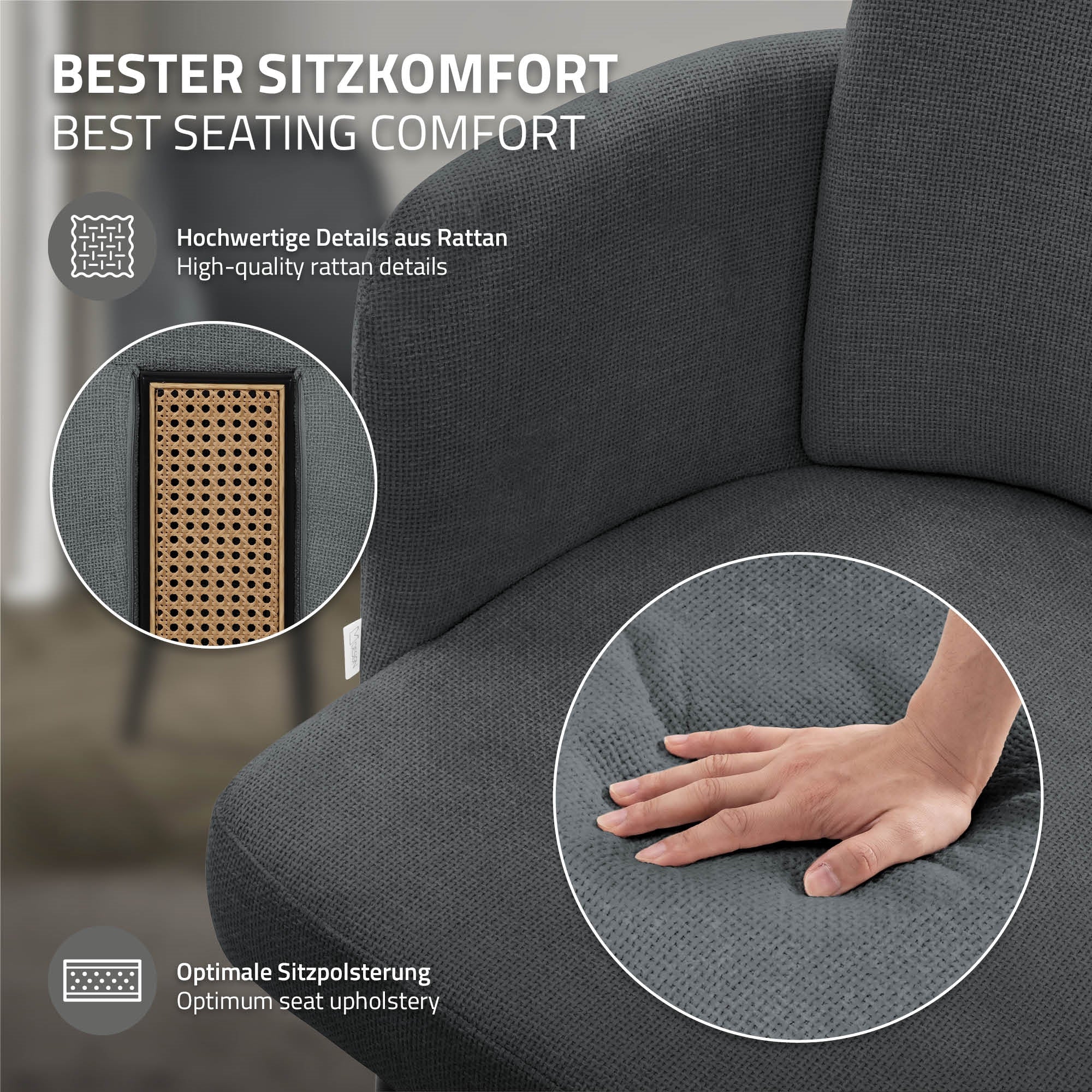 Gros plan d'une chaise grise avec des détails en rotin et une main sur l'assise.