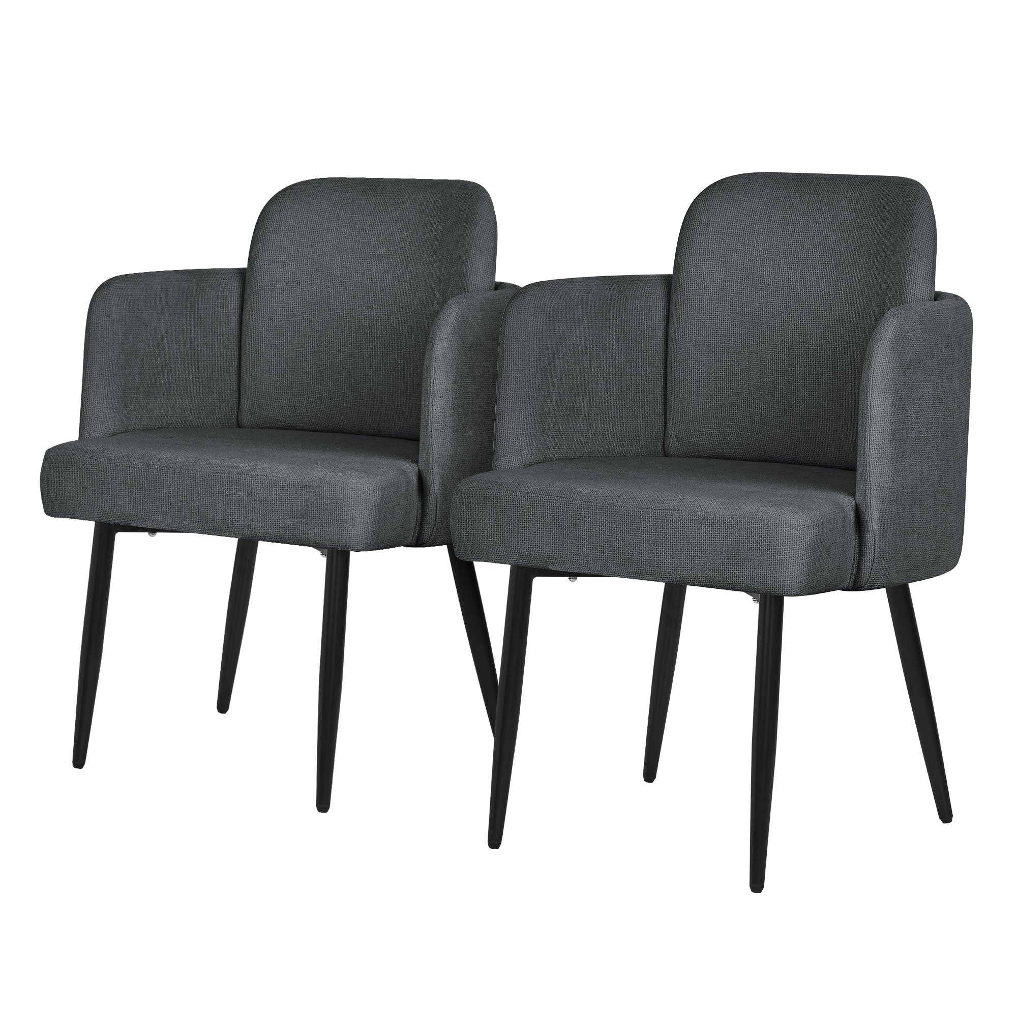 Deux chaises grises avec accoudoirs et structure noire.
