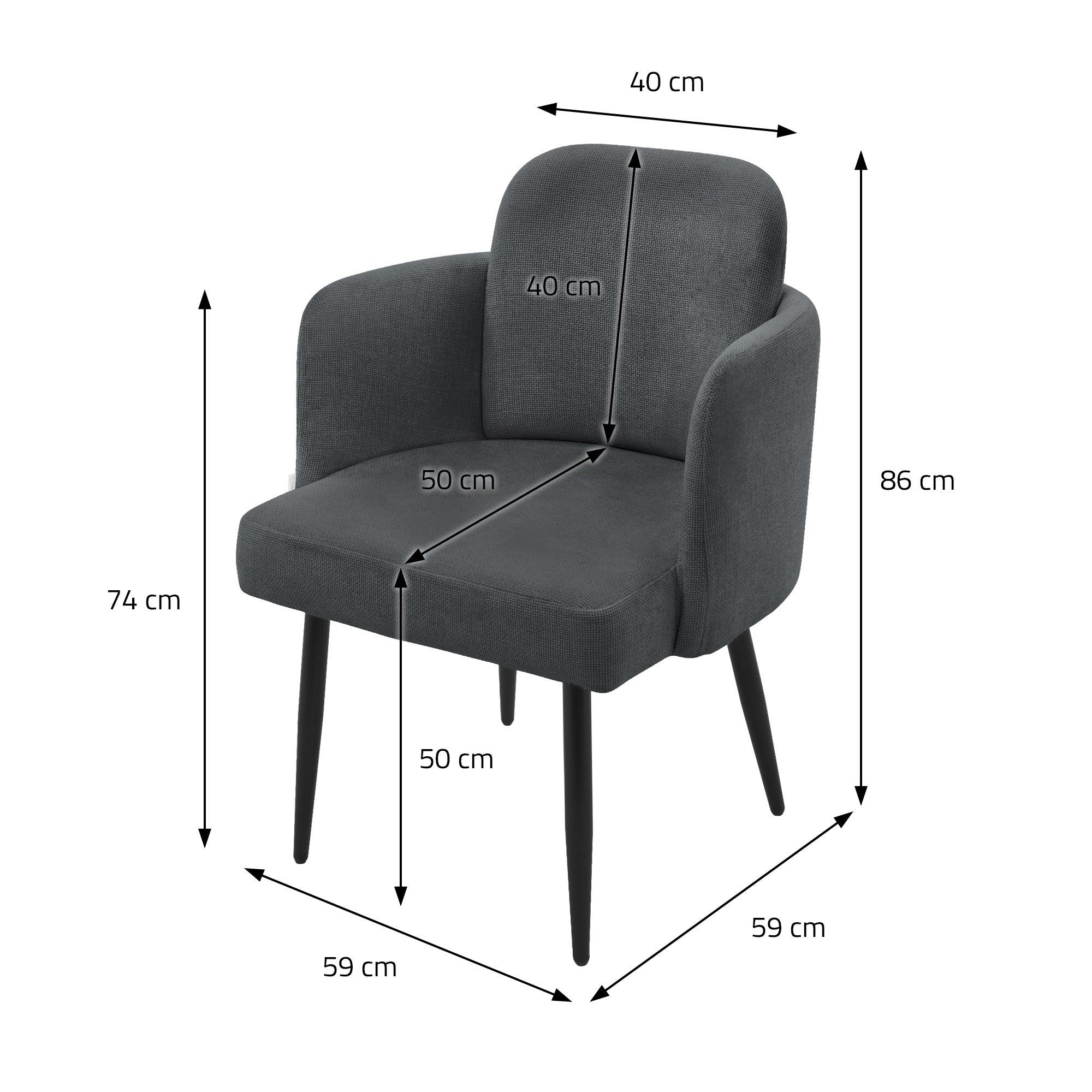 Dessin technique d'une chaise noire avec des dimensions en cm.
