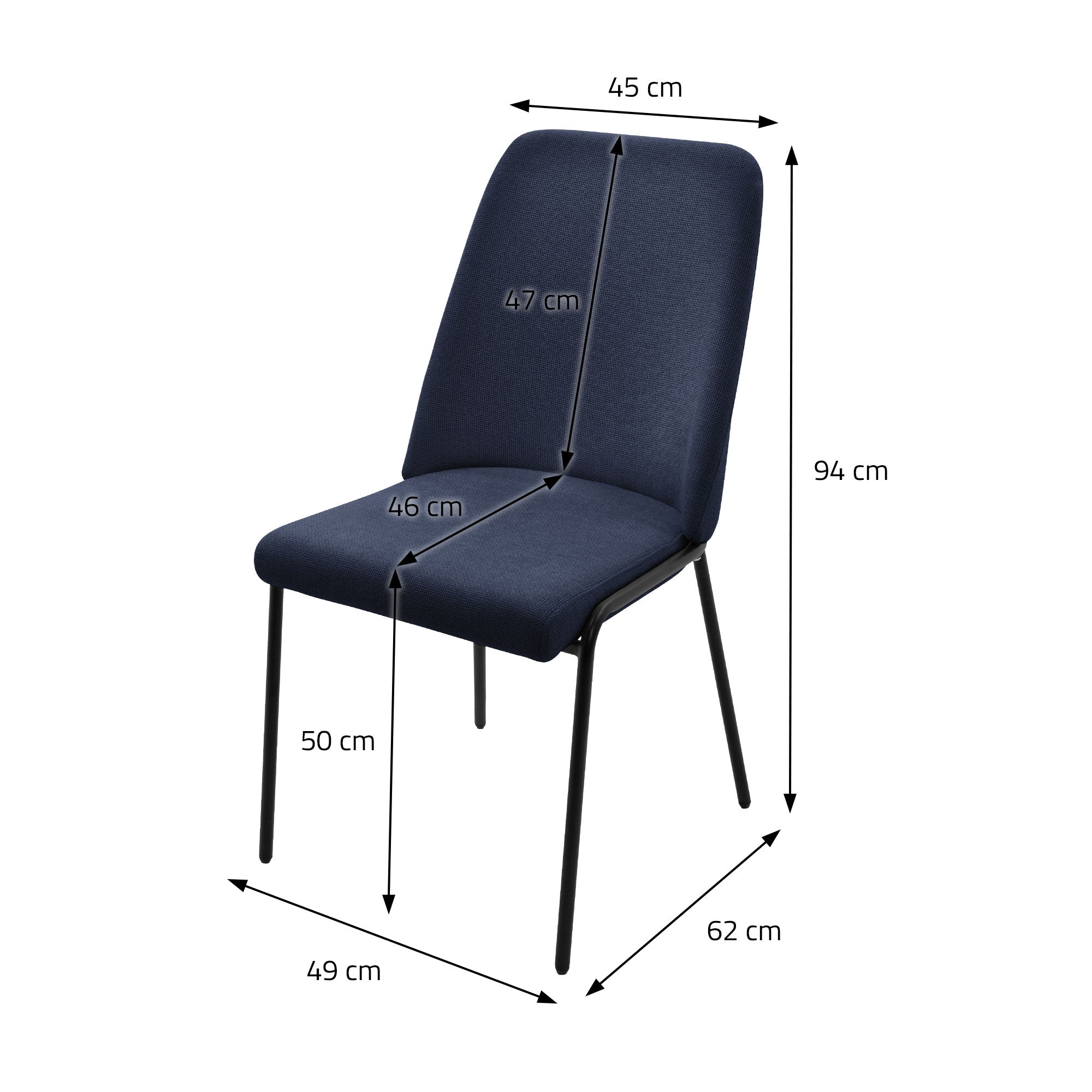 Blauer Stuhl mit Maßangaben in Zentimetern.