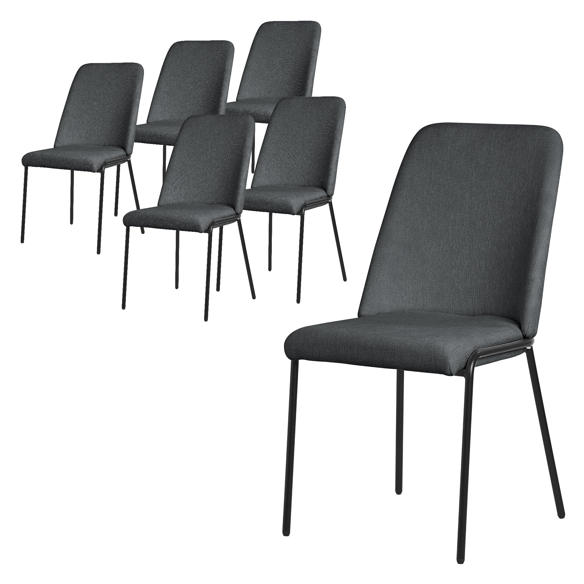 Sechs graue Stühle mit schwarzem Gestell auf einem weißen Hintergrund.
