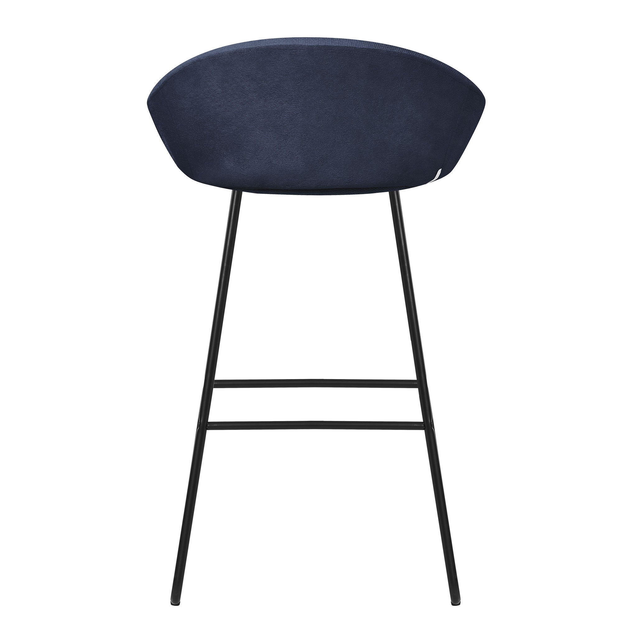 Chaise haute bleu foncé, vue de dos, avec un cadre noir.