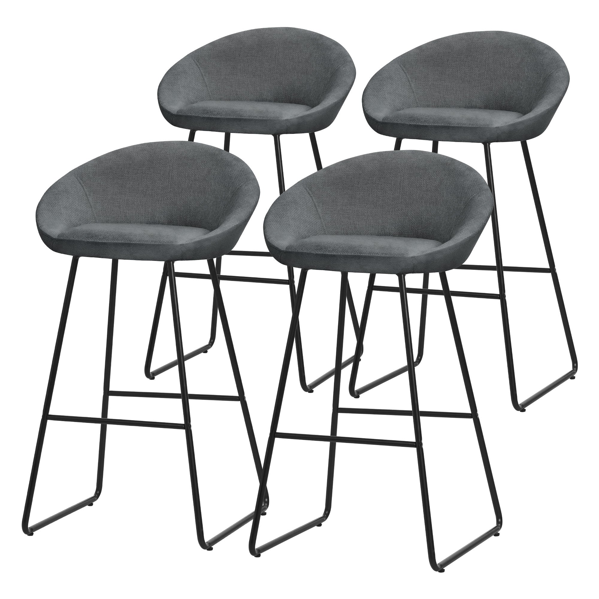 Cuatro taburetes grises con asiento redondo y estructuras negras.
