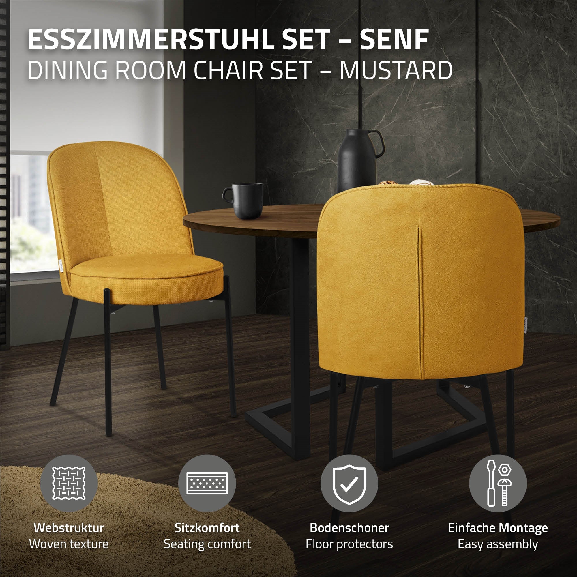 A mustard-colored dining chair in front of a table, with information on web structure and assembly.