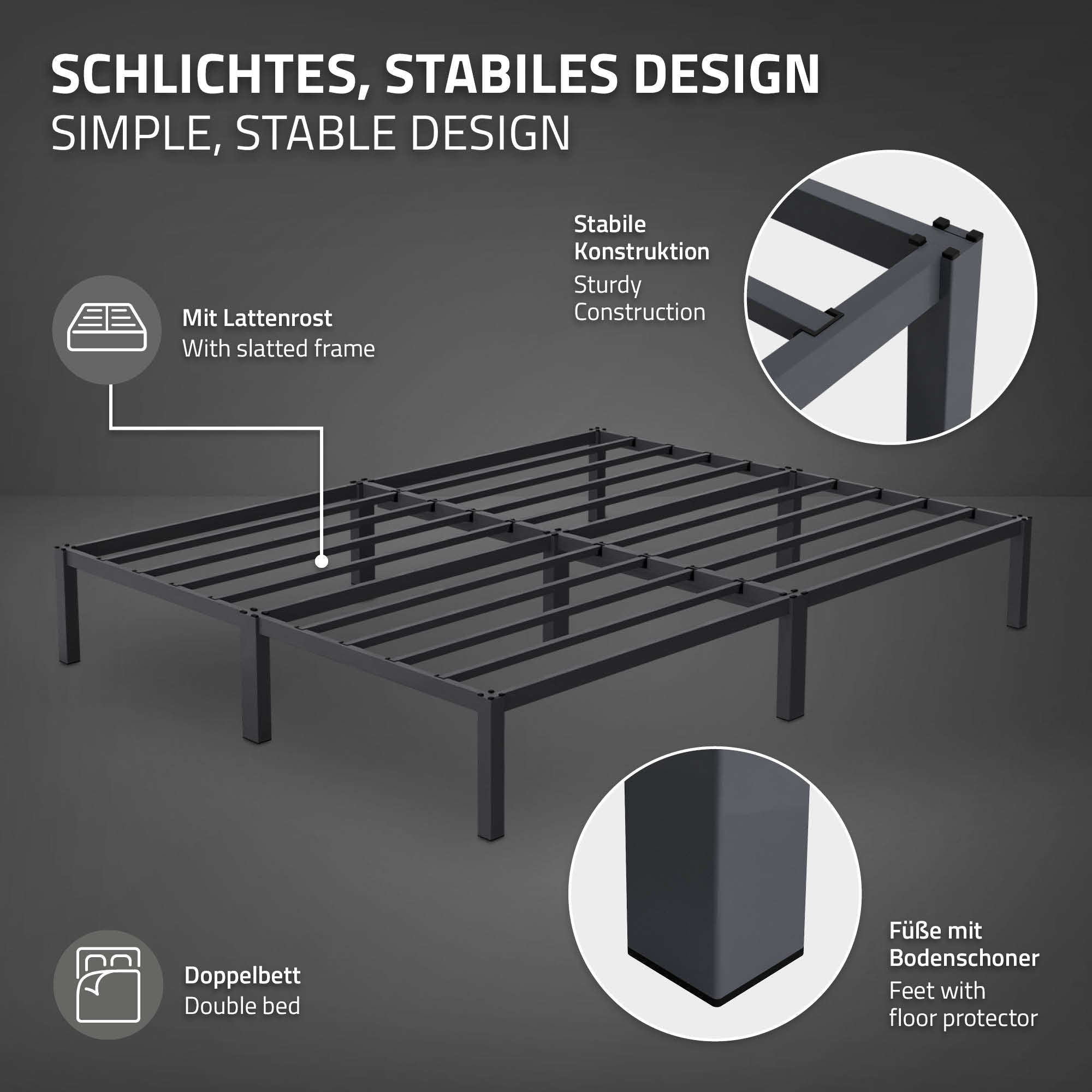 Grafik eines stabilen Bettrahmens mit verschiedenen Designmerkmalen.
