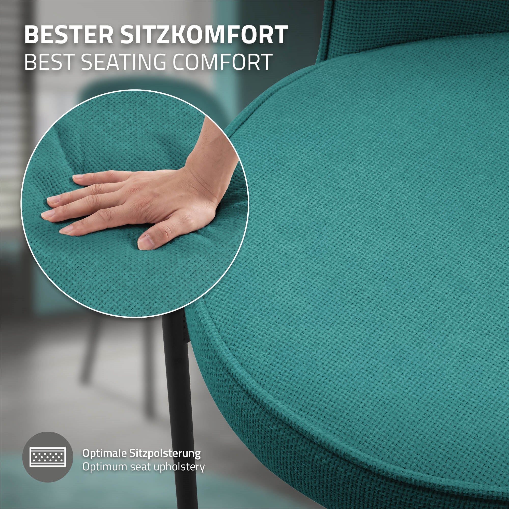 Hand drückt auf eine gepolsterte Sitzfläche eines Stuhls.