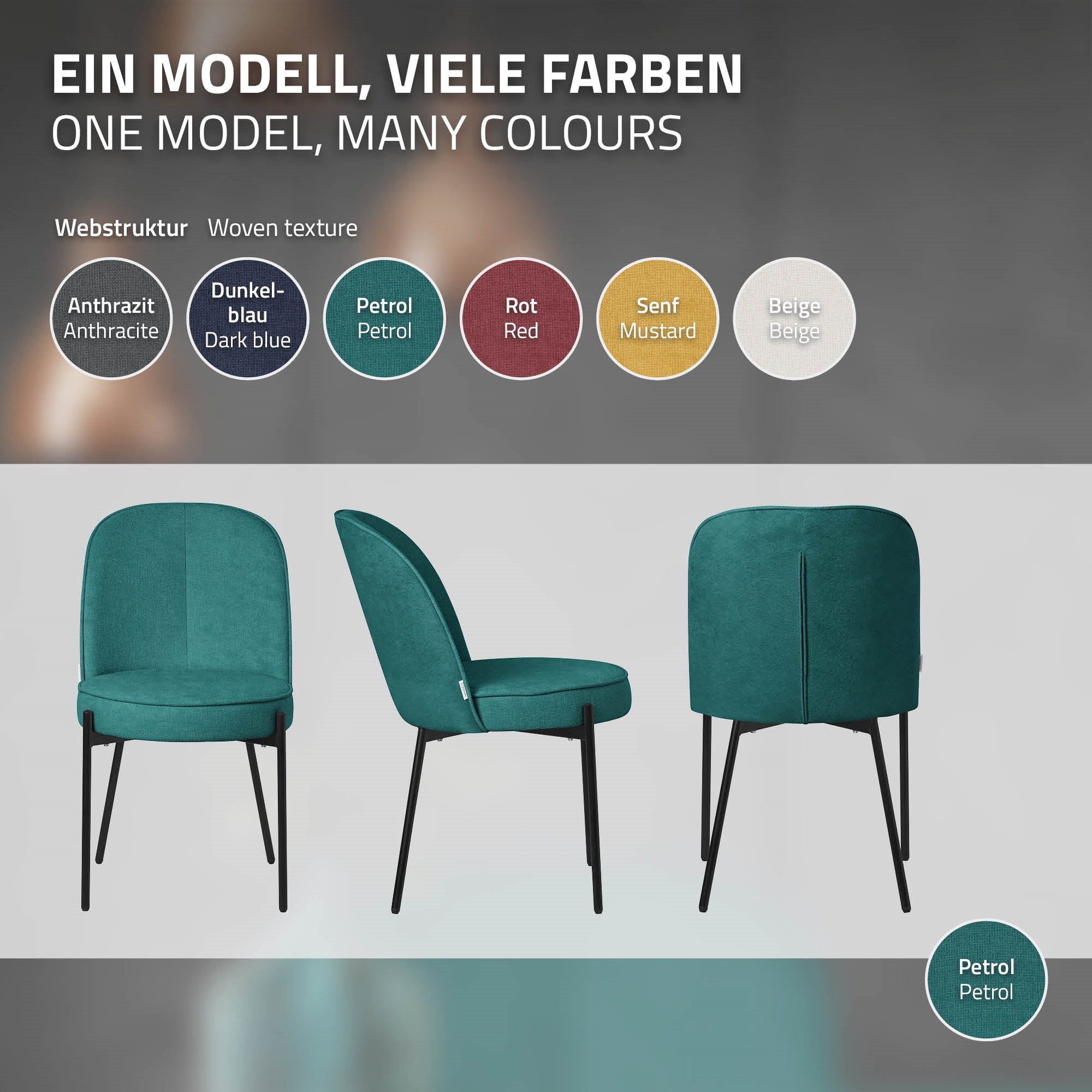 Farbauswahl für einen Esszimmerstuhl: Anthrazit, Dunkelblau, Petrol, Rot, Senf, Beige.