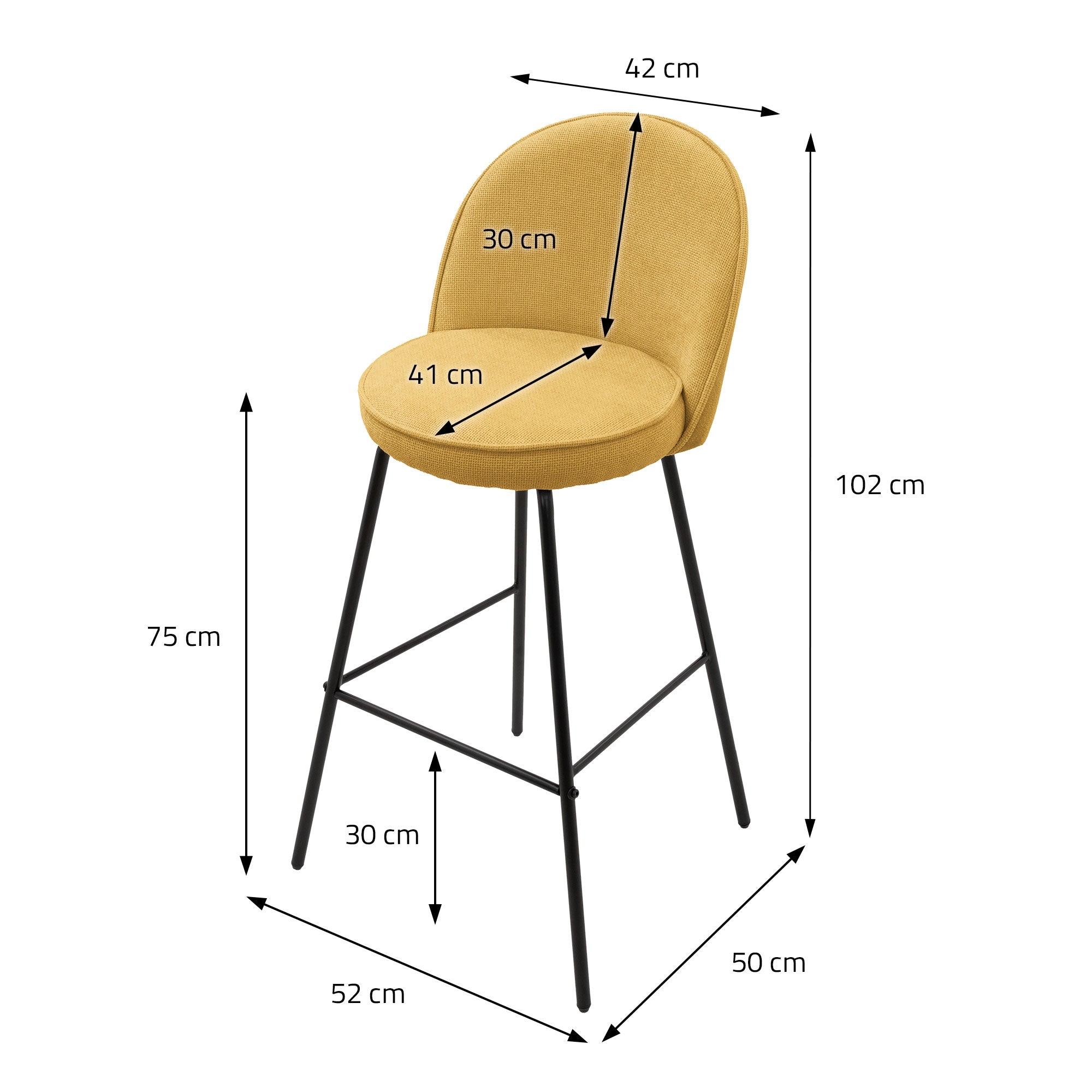 Korkeat tuoli keltaisena mitat: 42 cm leveys, 30 cm syvyys, 102 cm korkeus.