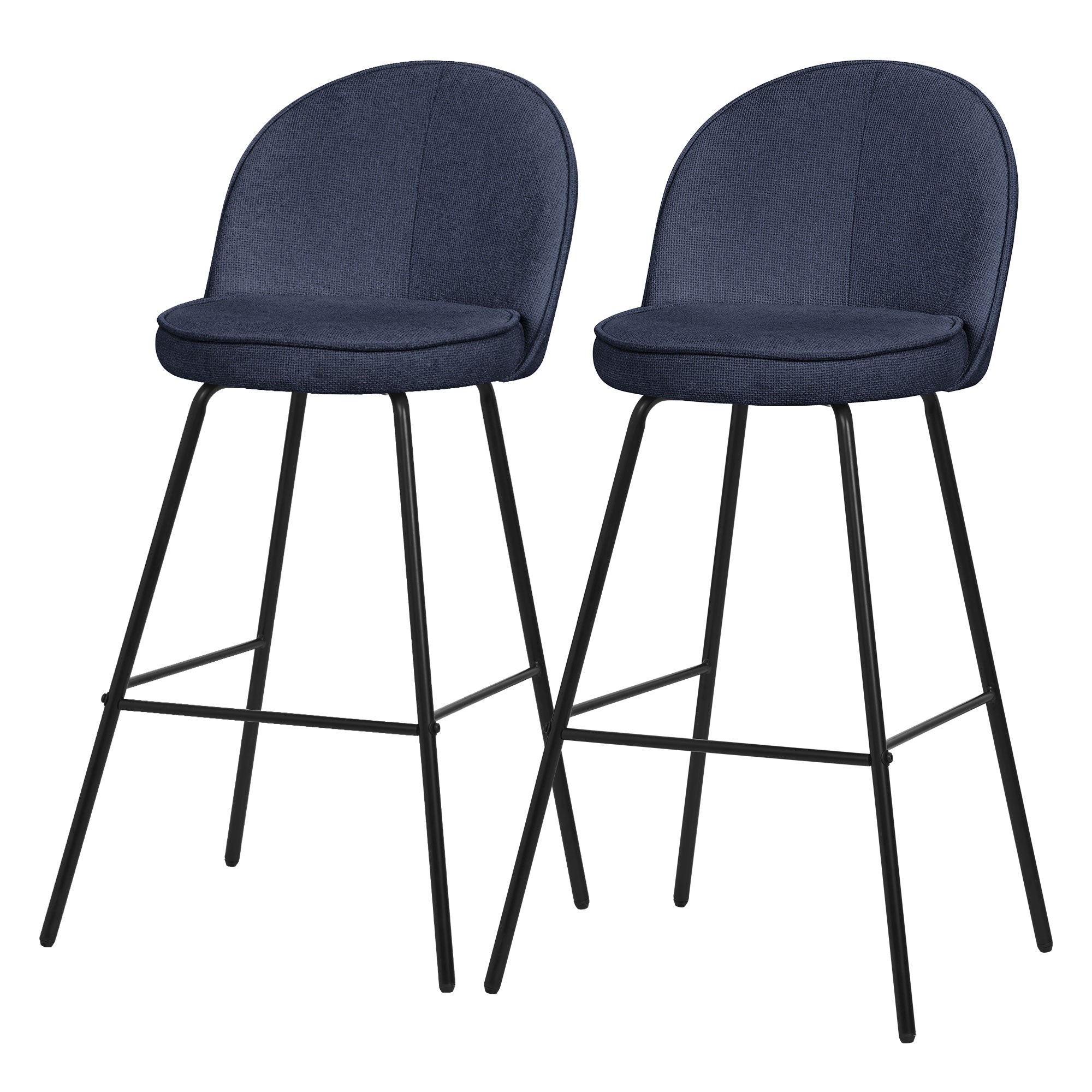 Zwei dunkelblaue Barhocker mit runden Sitzen und schwarzen Beinen, nebeneinander angeordnet.