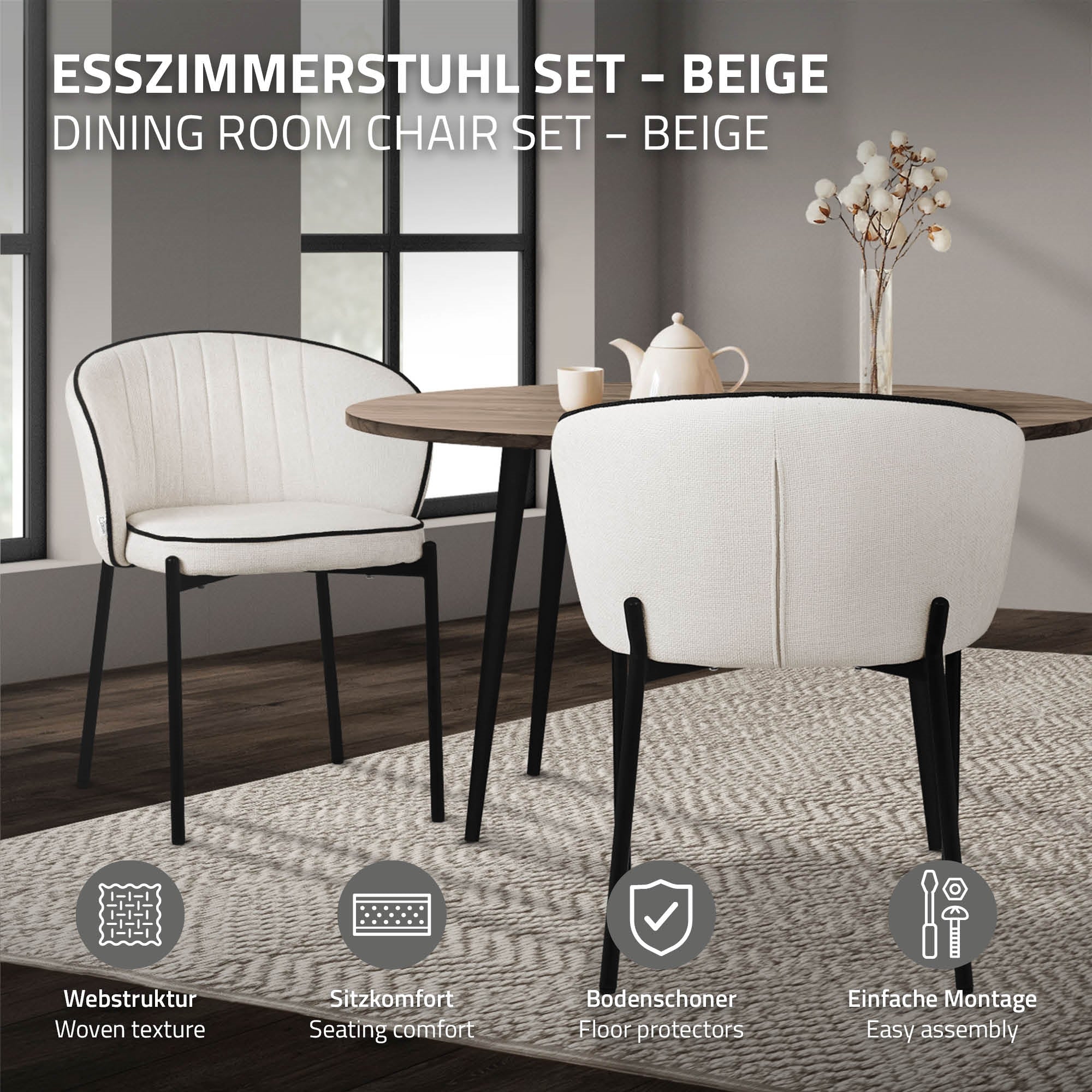 Ein beiger Esszimmerstuhl neben einem runden Tisch, mit einem Teppich darunter.