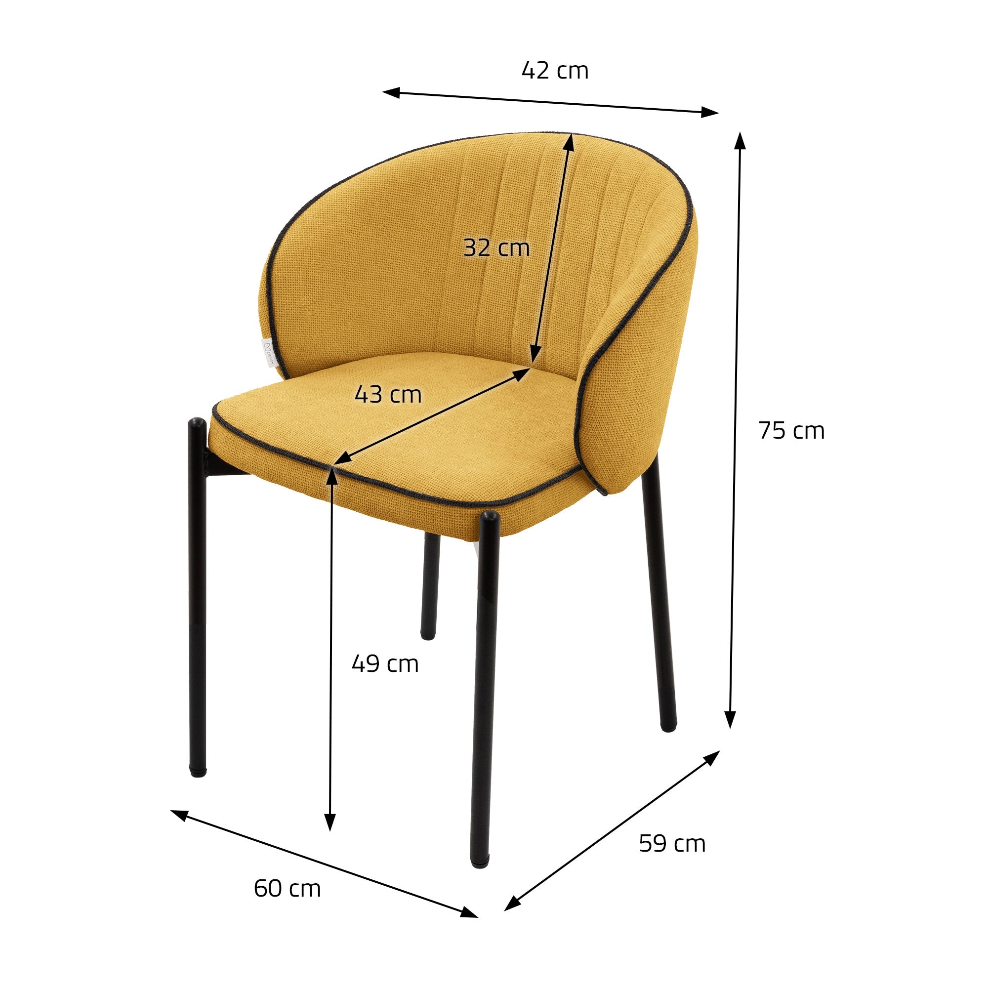 Gelber Stuhl mit Maßen: 60 cm Breite, 75 cm Höhe, 49 cm Sitzhöhe.