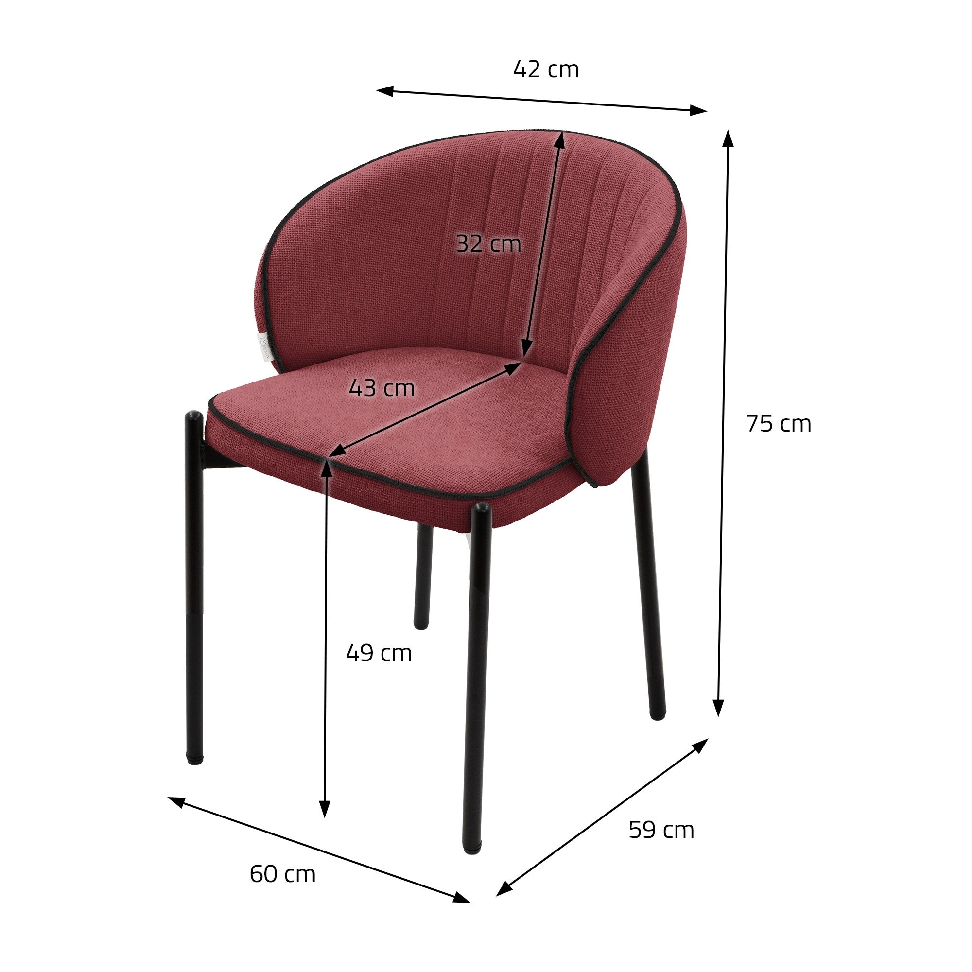 Roter Stuhl mit Maßen: 42 cm Breite, 75 cm Höhe, 60 cm Tiefe.