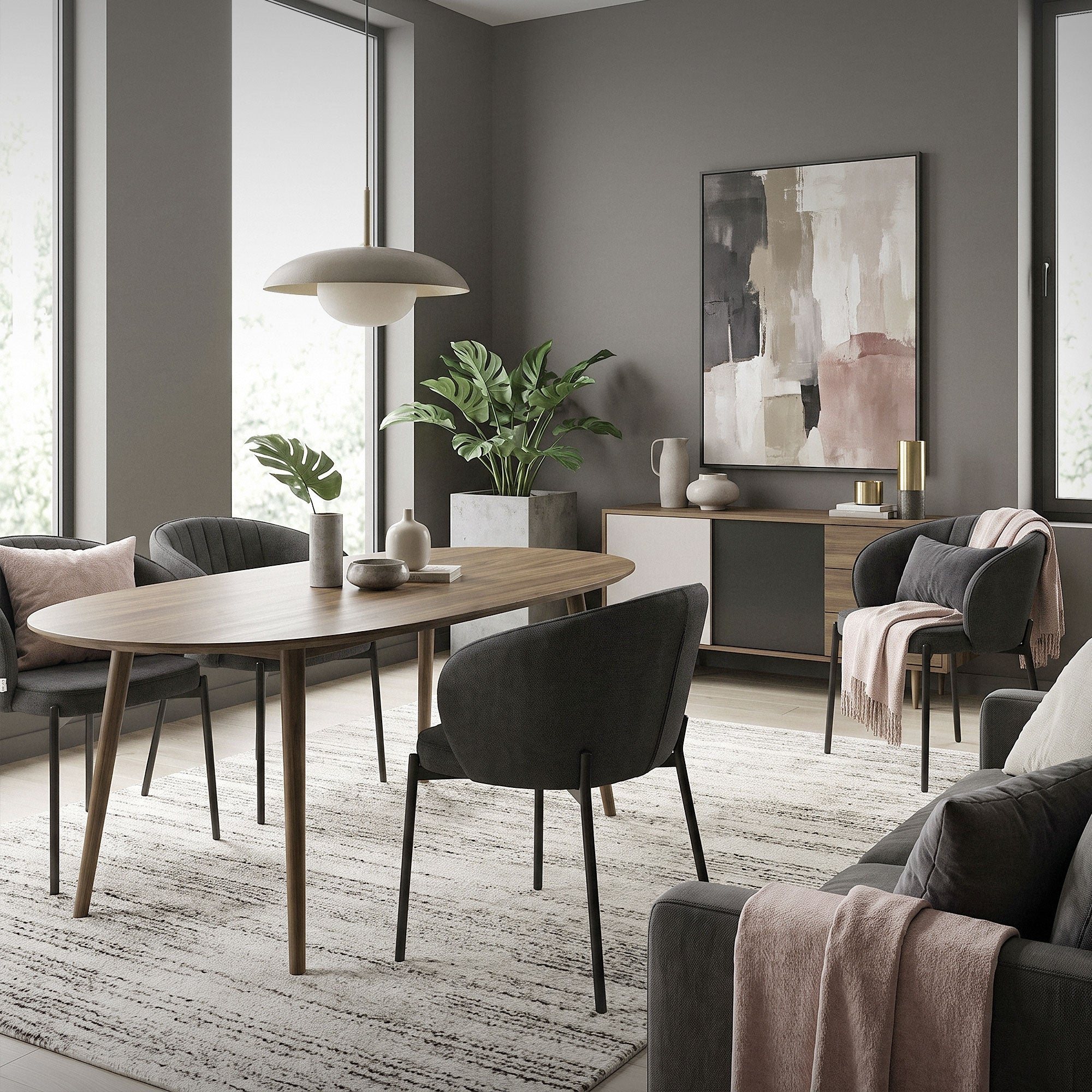 Modern dining room with gray chairs, wooden table, and plants.