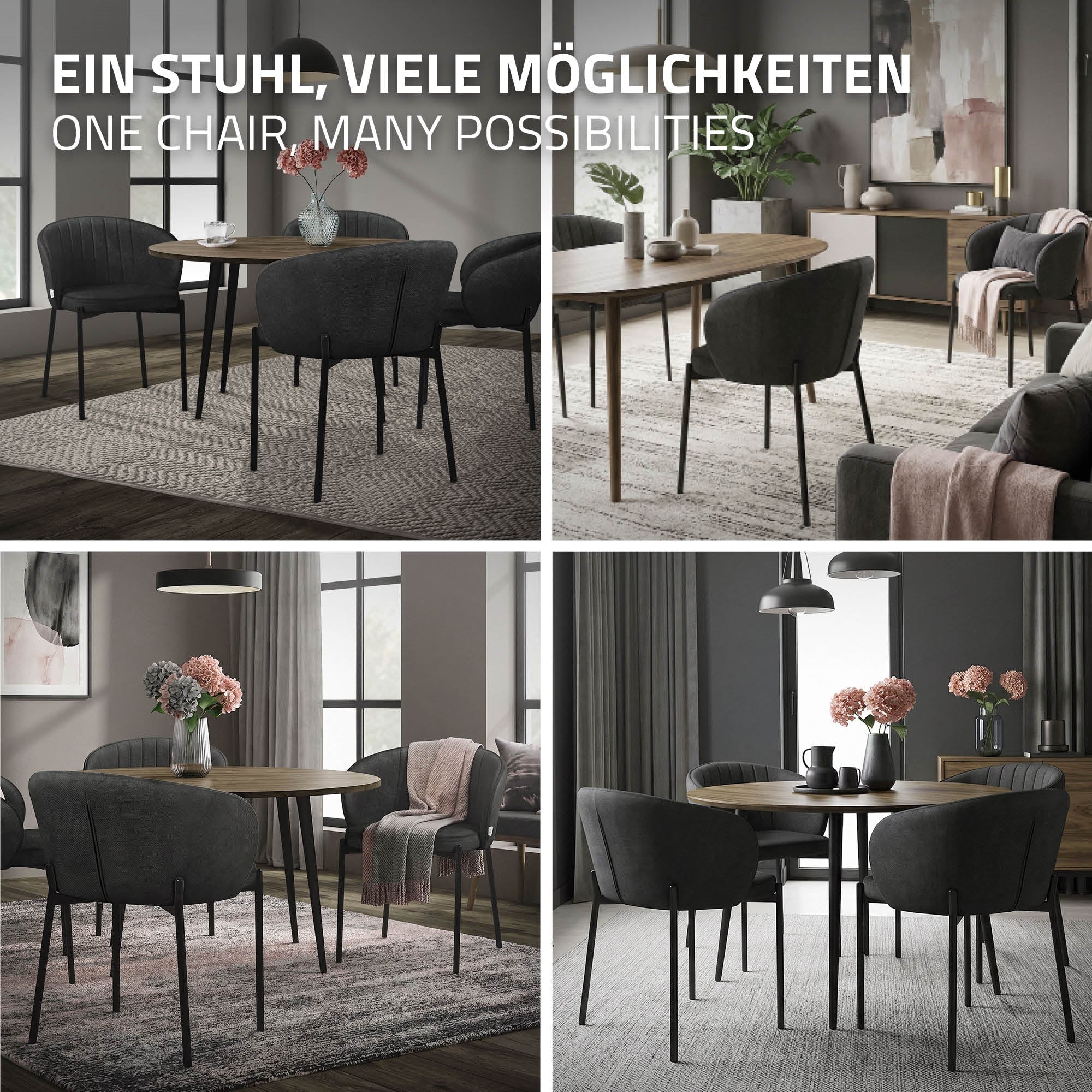 A dining room with a round table and several chairs in different arrangements.
