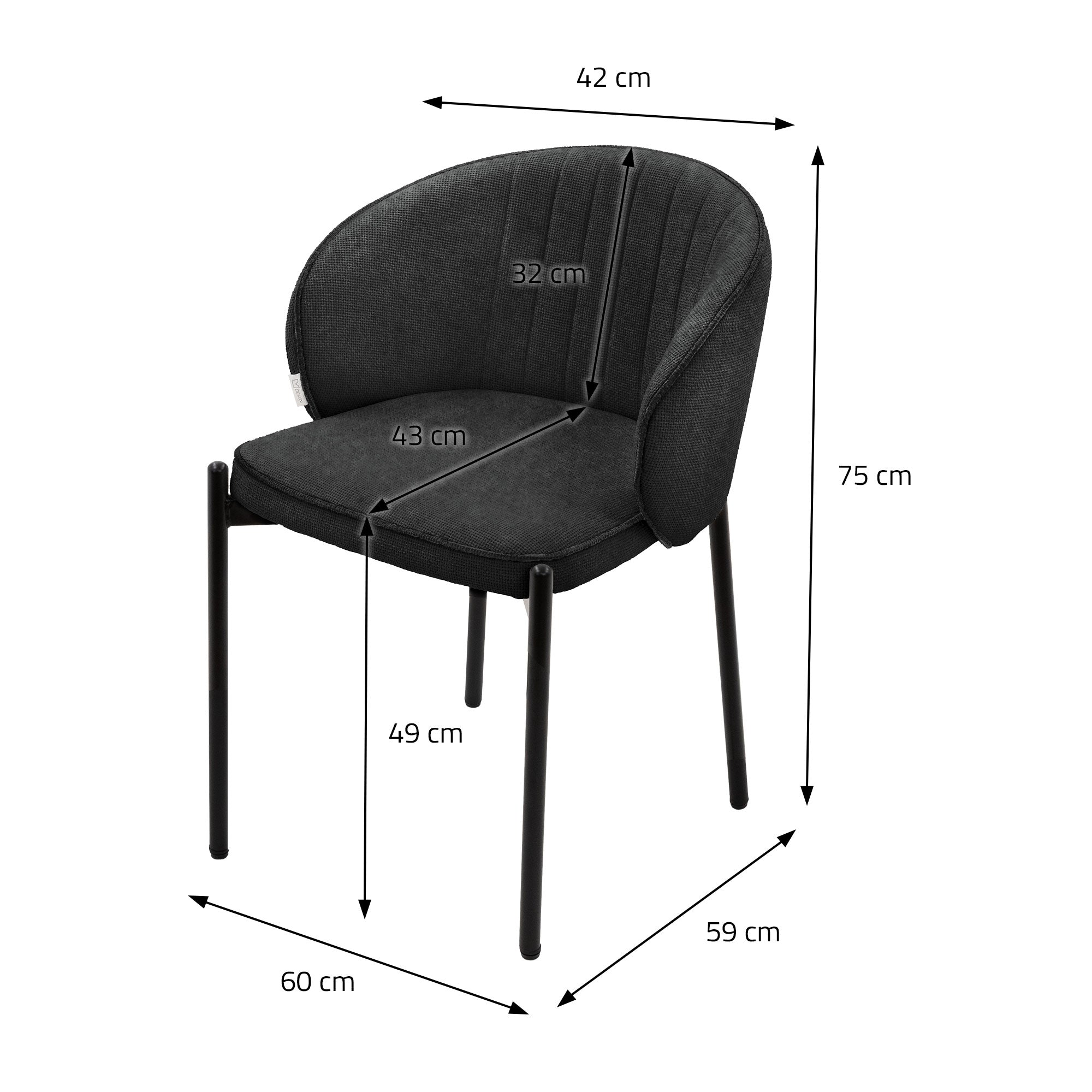 Measurement drawing of a dark gray chair with dimensions in centimeters.