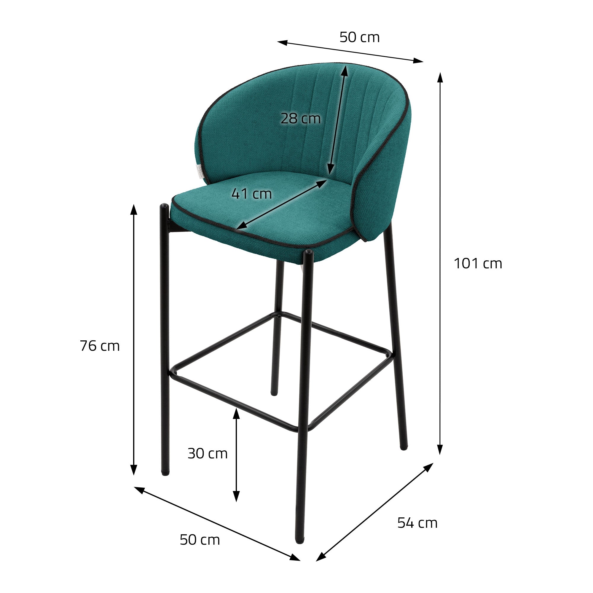 Høj stol med mål: 50 cm bredde, 76 cm højde, 30 cm dybde, 101 cm samlet størrelse.