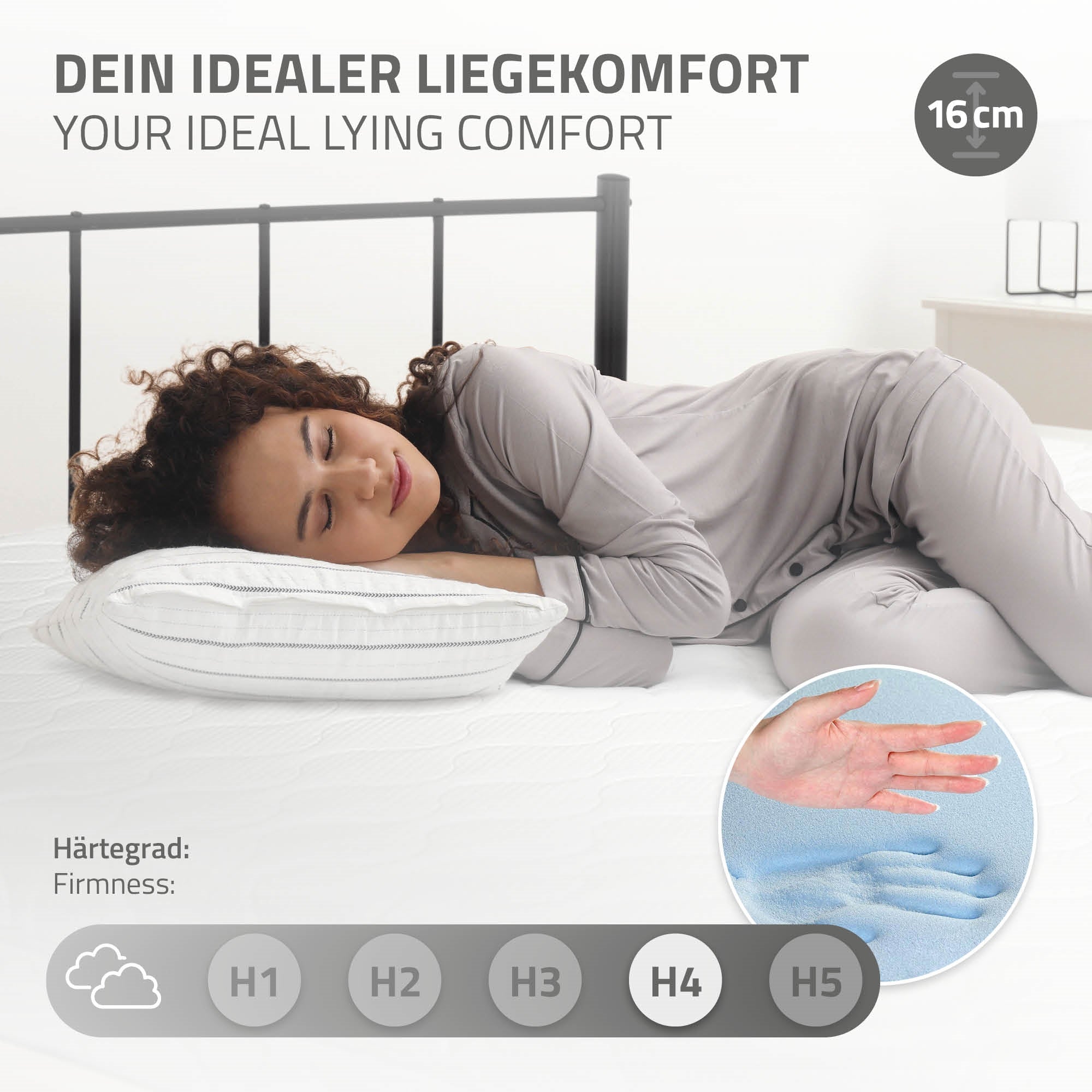Persona che dorme su un materasso con cuscino, mostra il comfort di riposo.