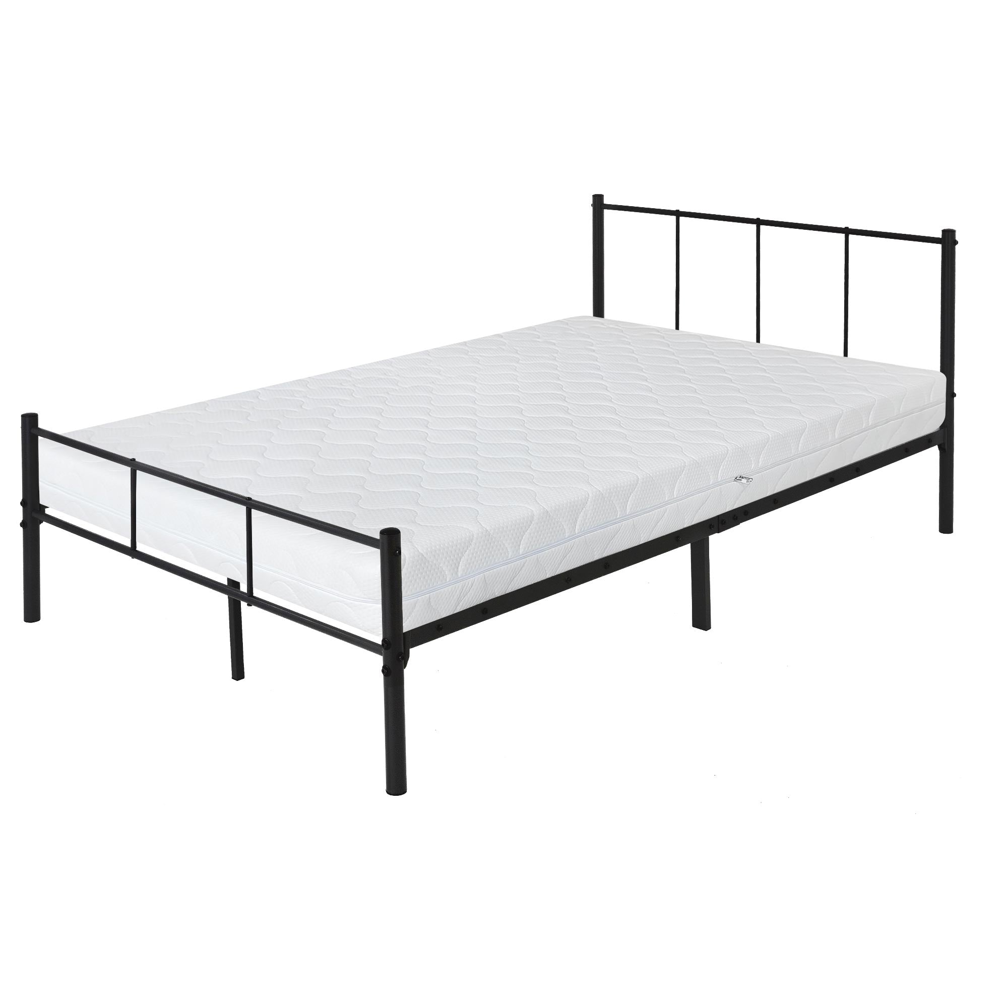Struttura del letto nera con materasso, senza biancheria da letto.