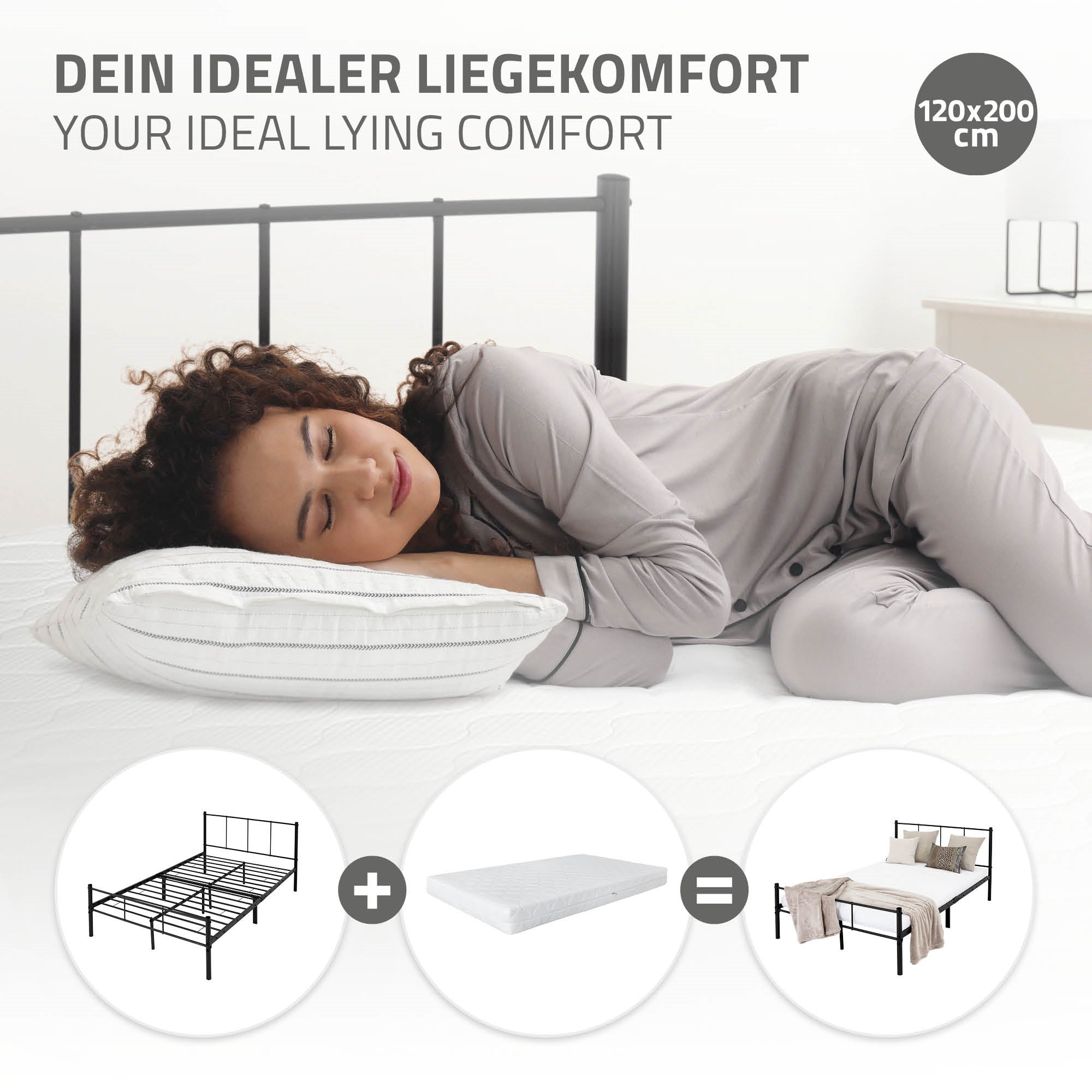 Donna sdraiata su un letto con cuscini, mentre si rilassa.