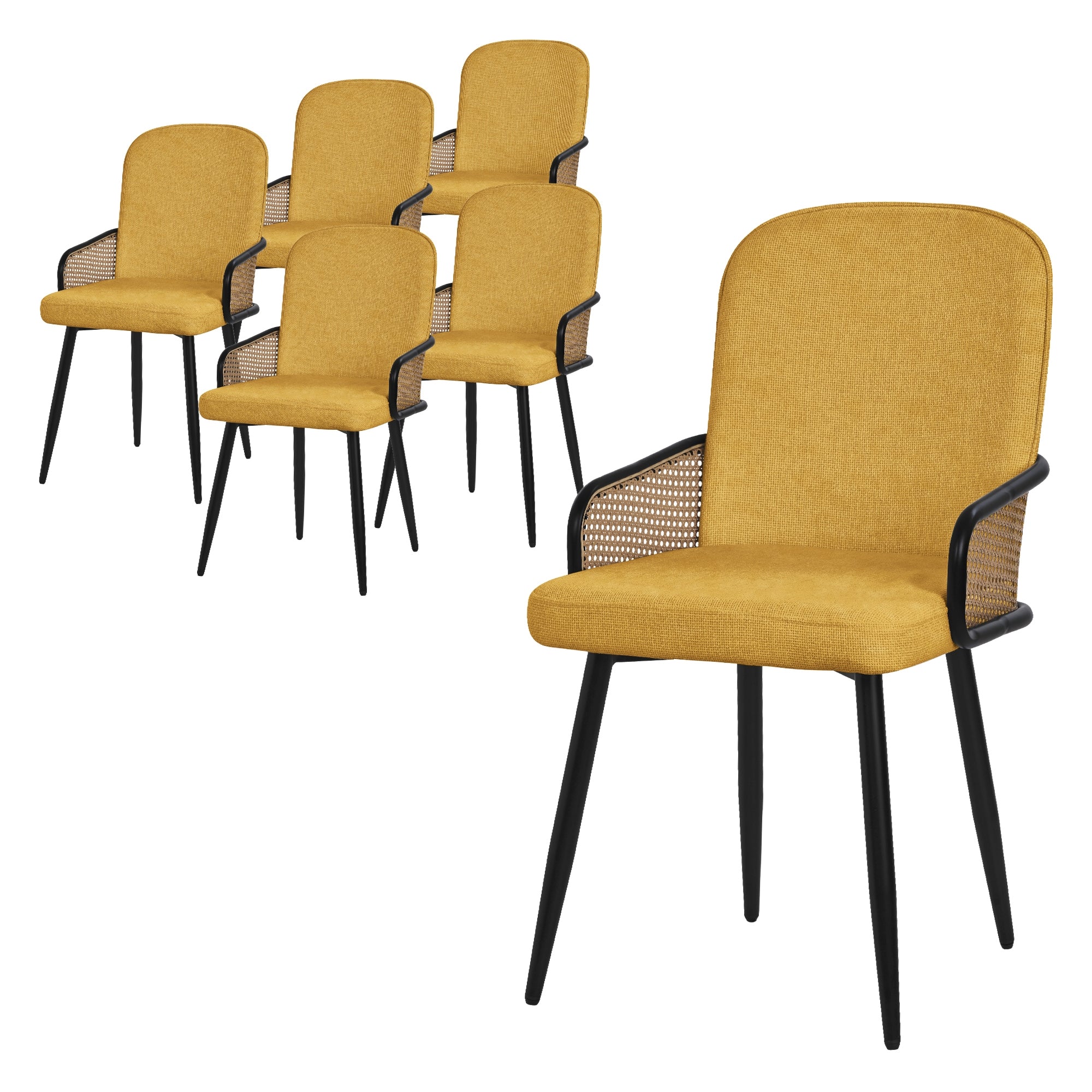 Six chaises rembourrées jaunes avec accoudoirs et pieds noirs.