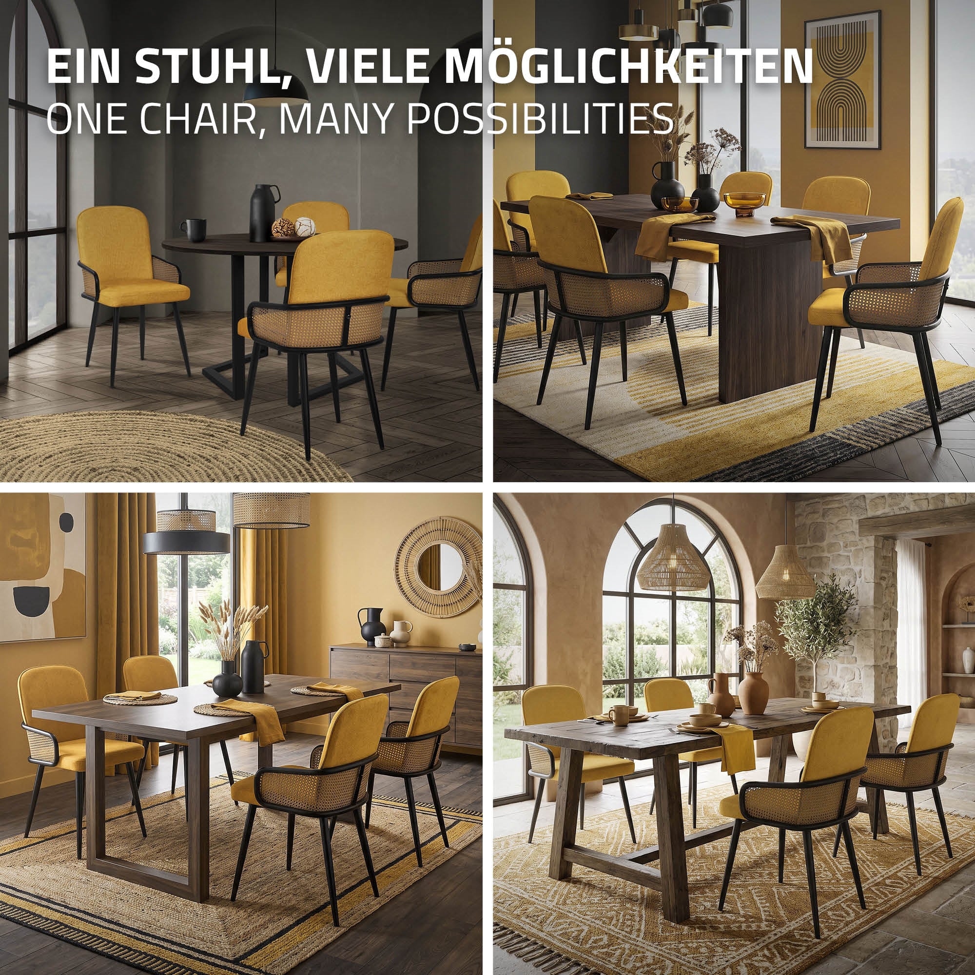 Sala da pranzo con sedie gialle e un tavolo di legno, decorata con immagini.