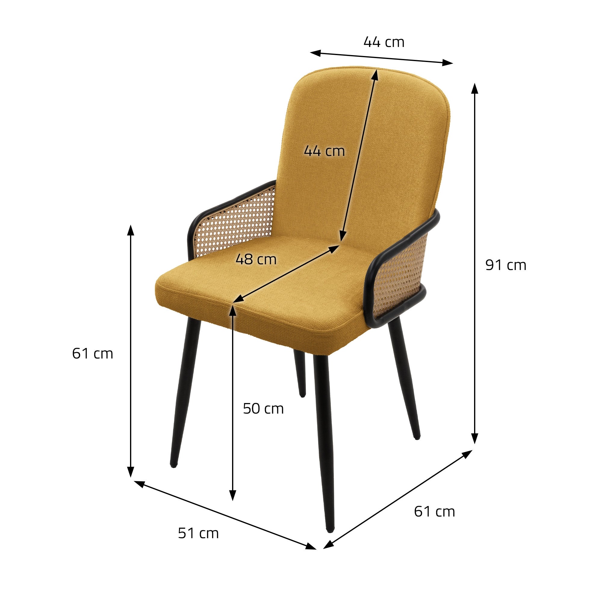 Disegno di un sedile giallo con dimensioni in cm.