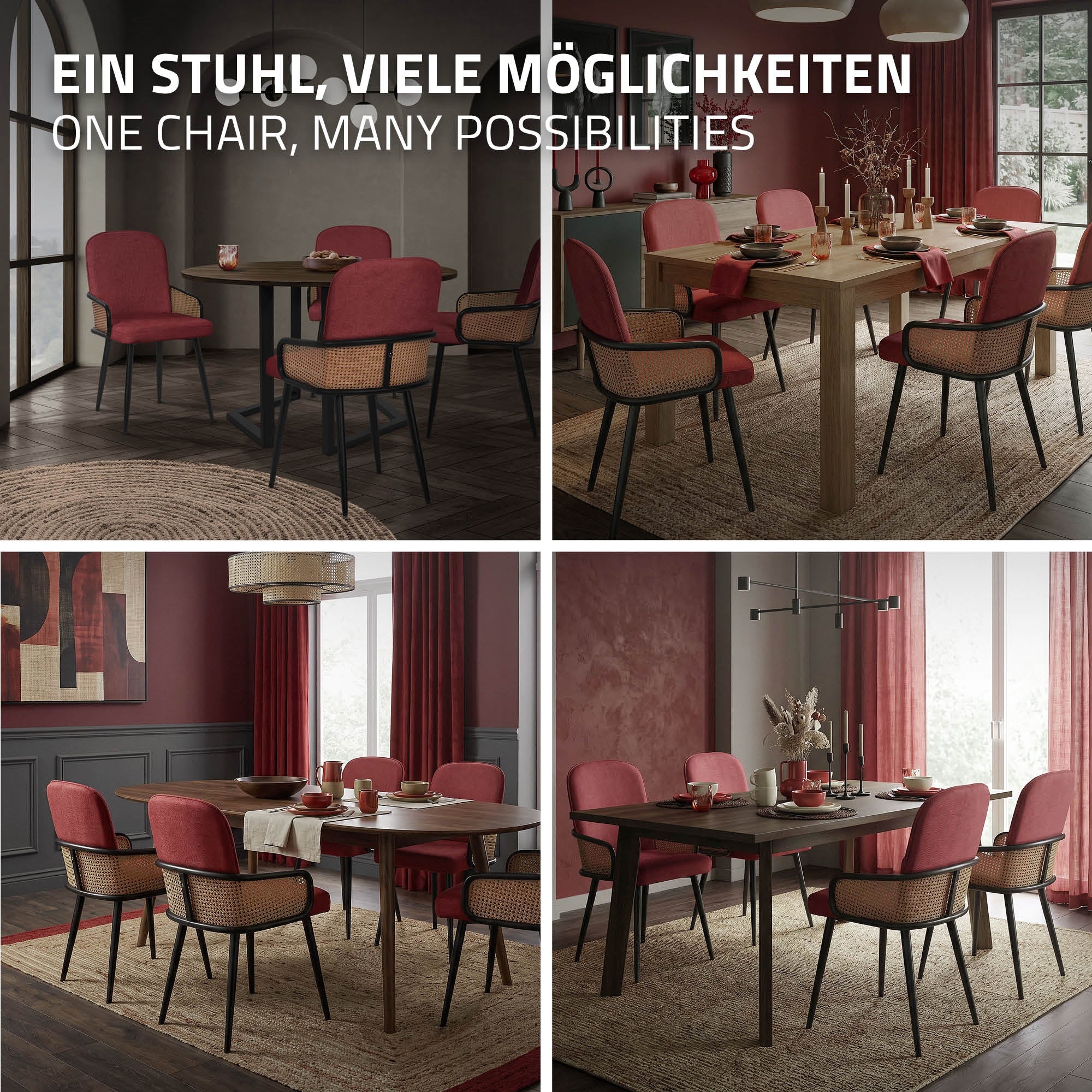 Verschillende eetkamerindelingen met rode stoelen rond een tafel.