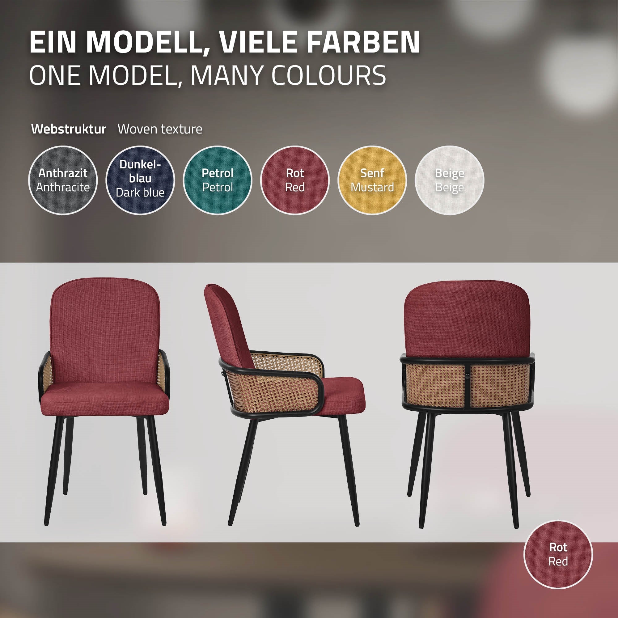 Stoelmodel in verschillende kleuren: antraciet, donkerblauw, petrol, rood, mosterd, beige.