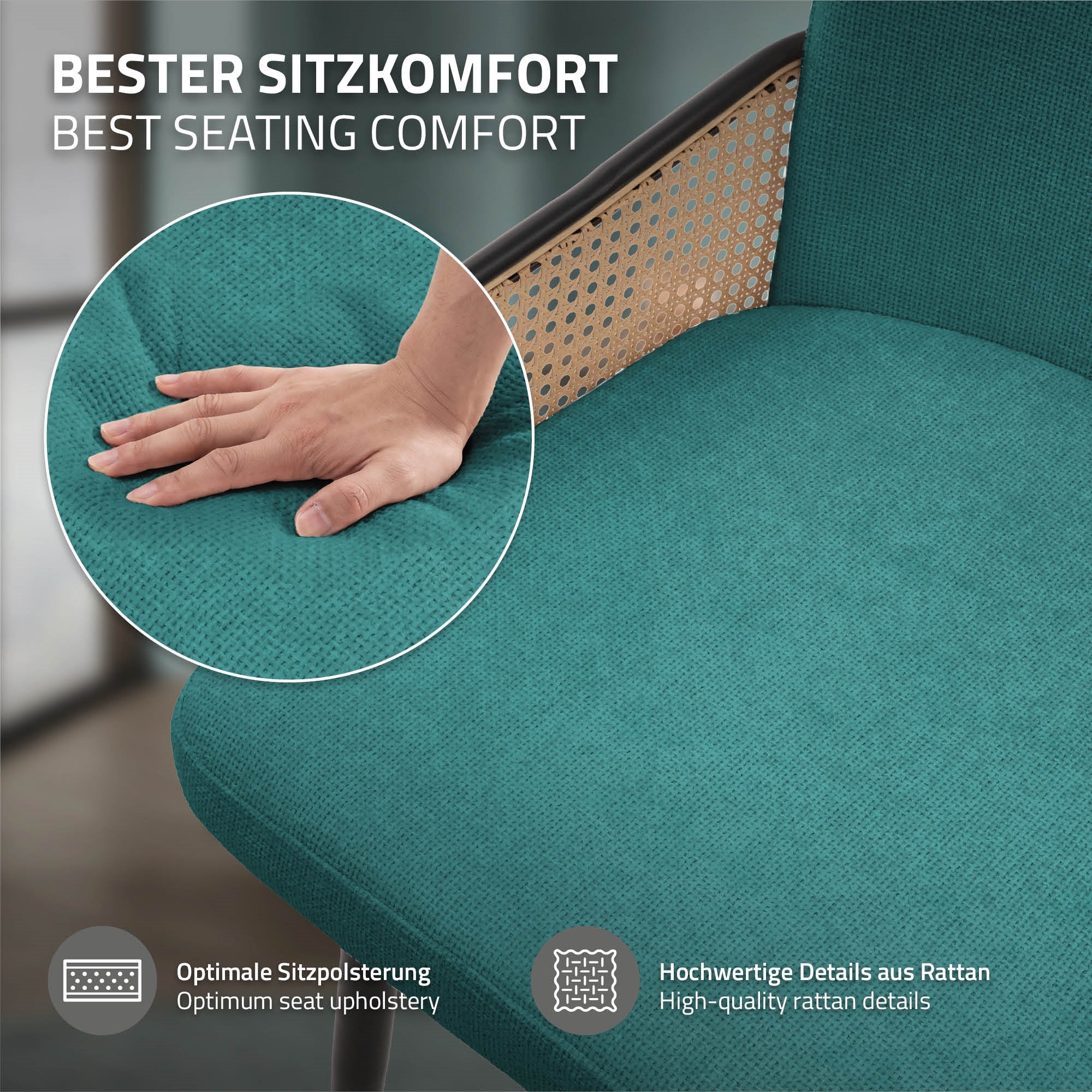 Nahaufnahme eines Stuhls mit Fokus auf die Polsterung und Rattandetails.