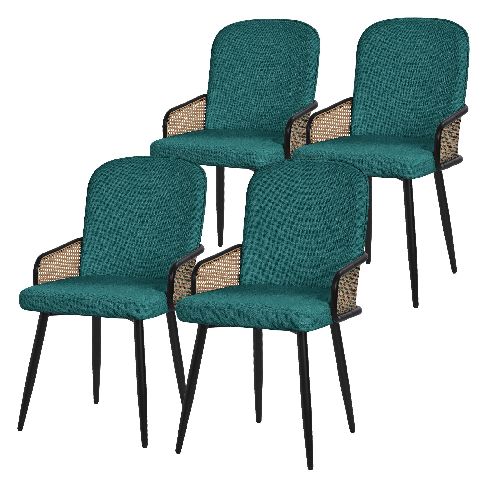 Quatre chaises turquoise avec accoudoirs et dossiers tressés.