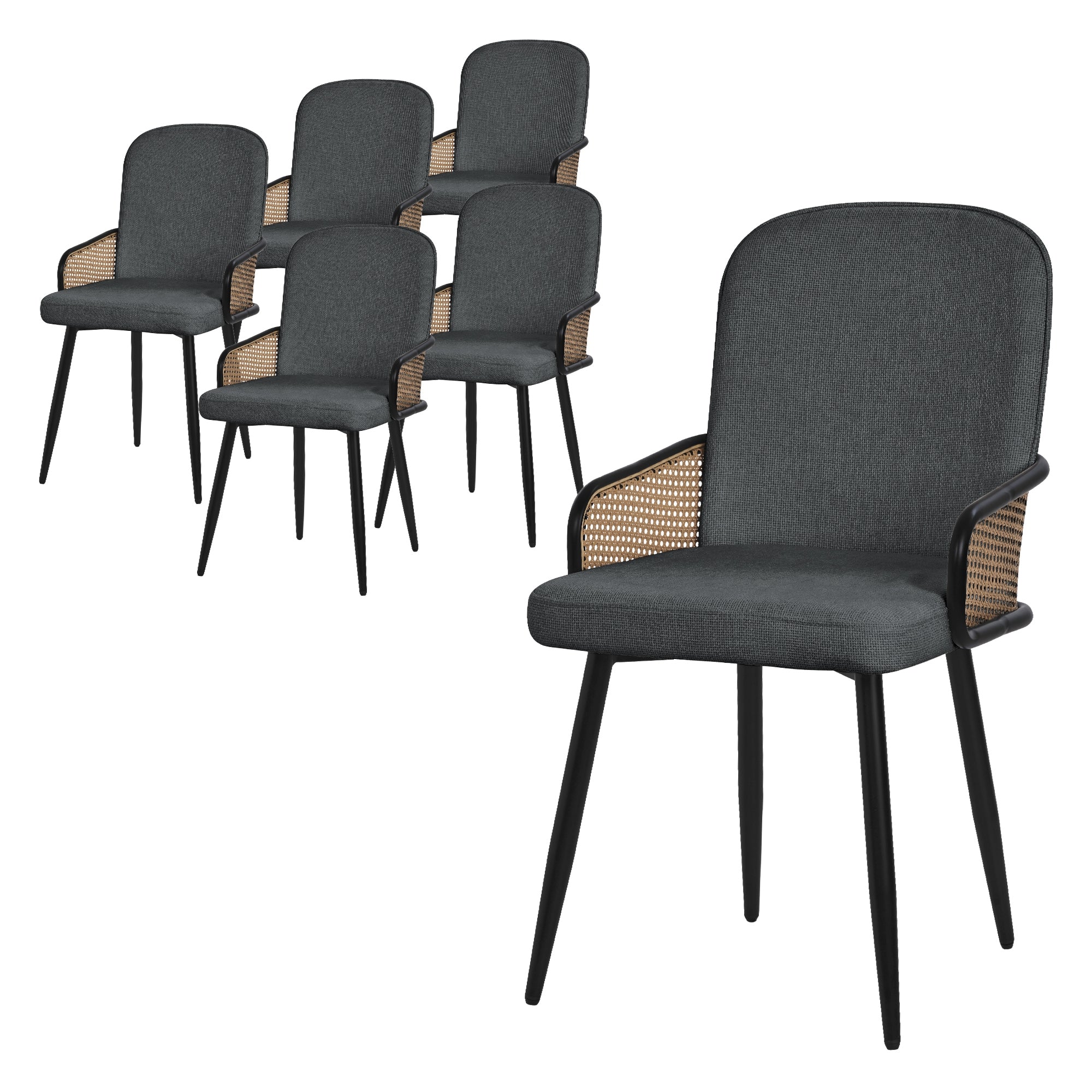 Six chaises avec un cadre noir et des accoudoirs tressés.