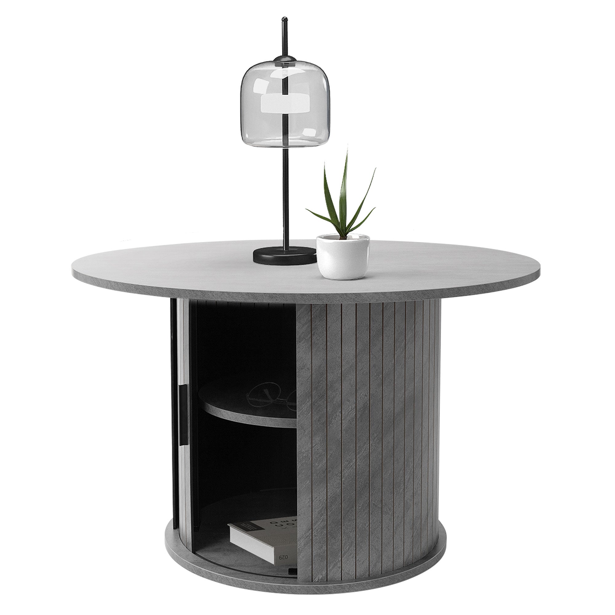 Grauer runder Tisch mit Lampe, Pflanze und offenem Fach.