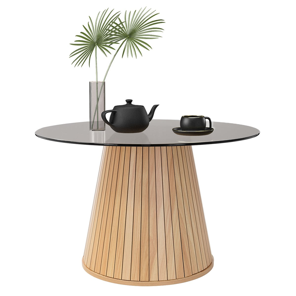 Tisch mit Glasplatte, Teekanne und Pflanze in einer Vase.