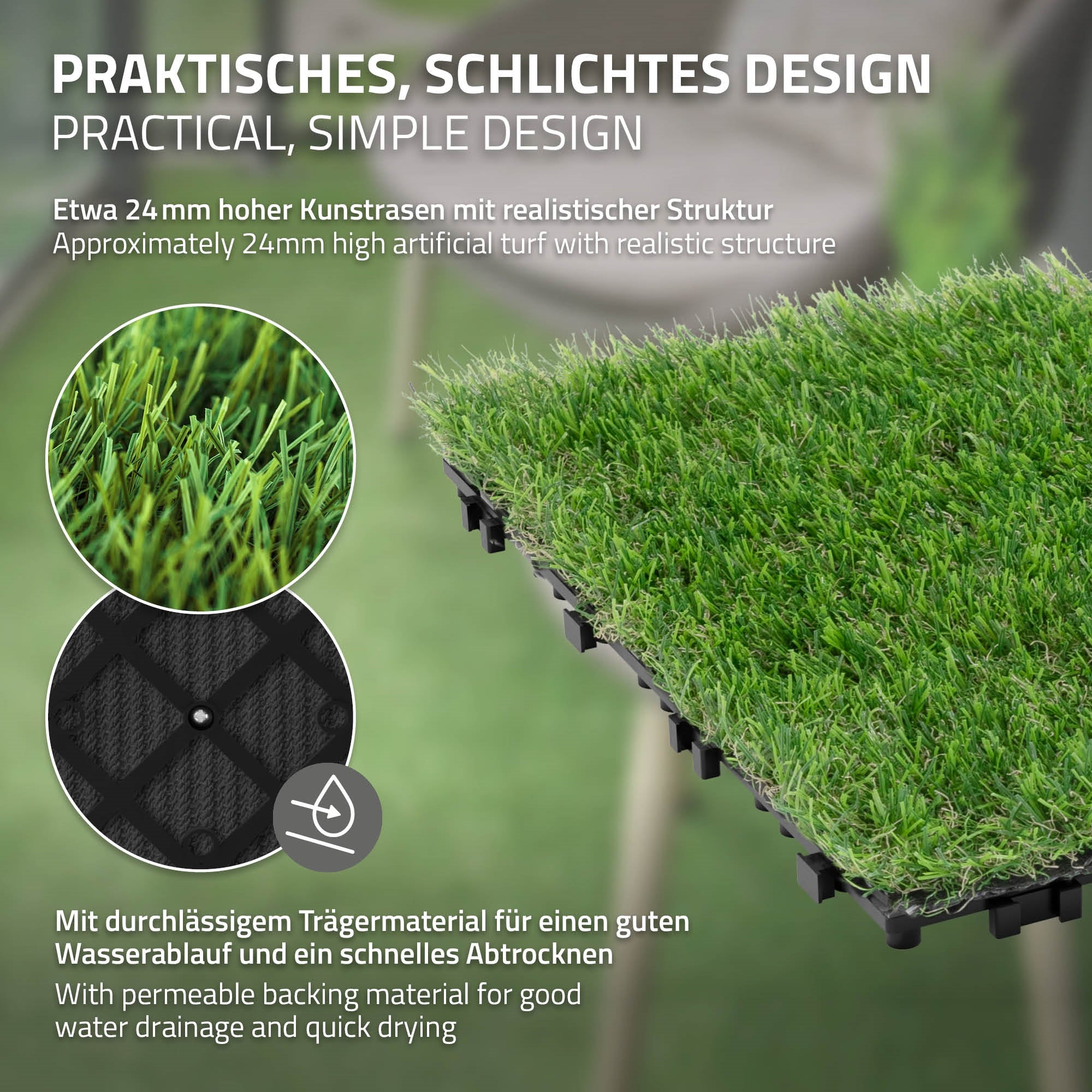 Gazon en plastique avec une structure réaliste, 24 mm de haut, sur un support noir.
