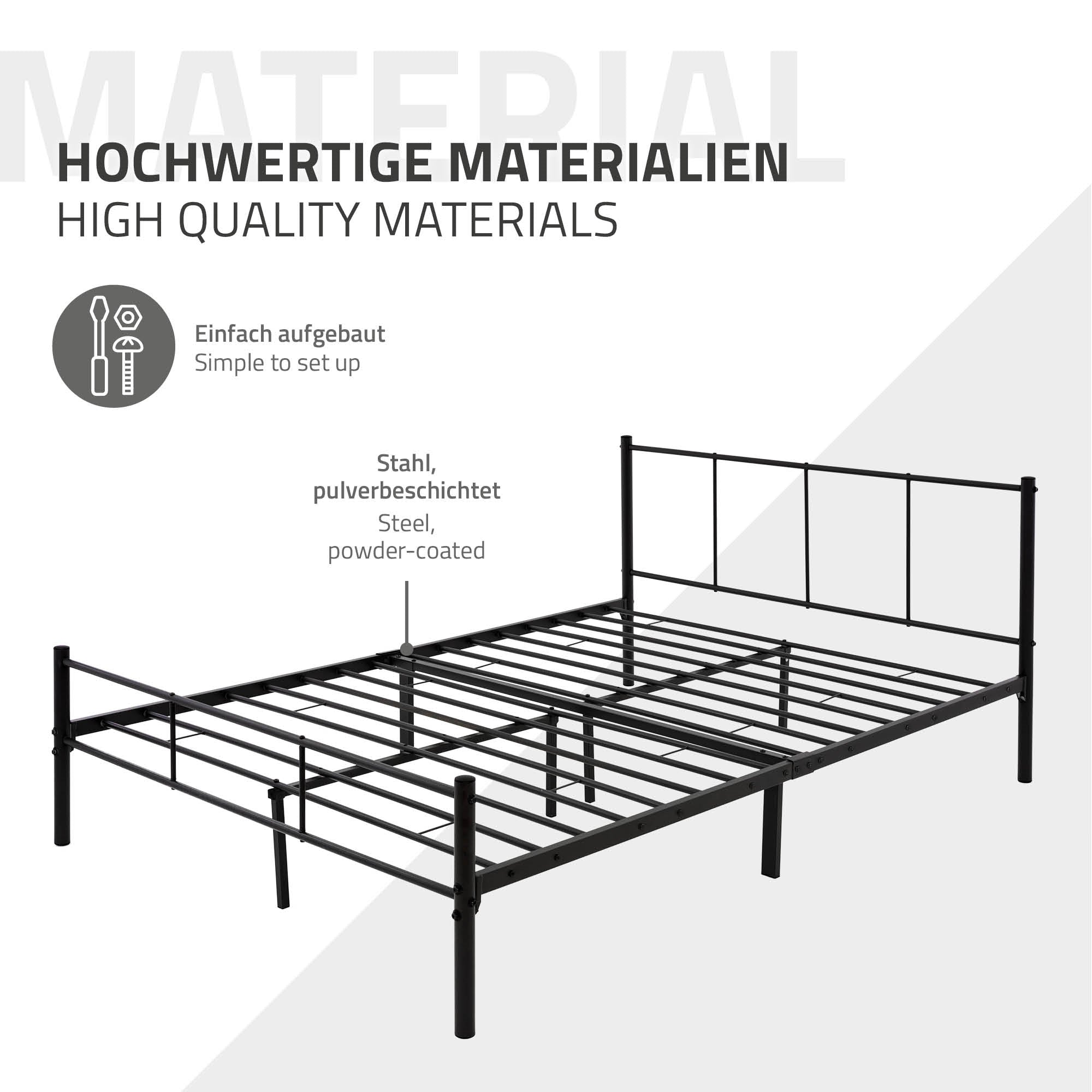 Zwart bedframe van staal met lattenbodem en zonder matras.
