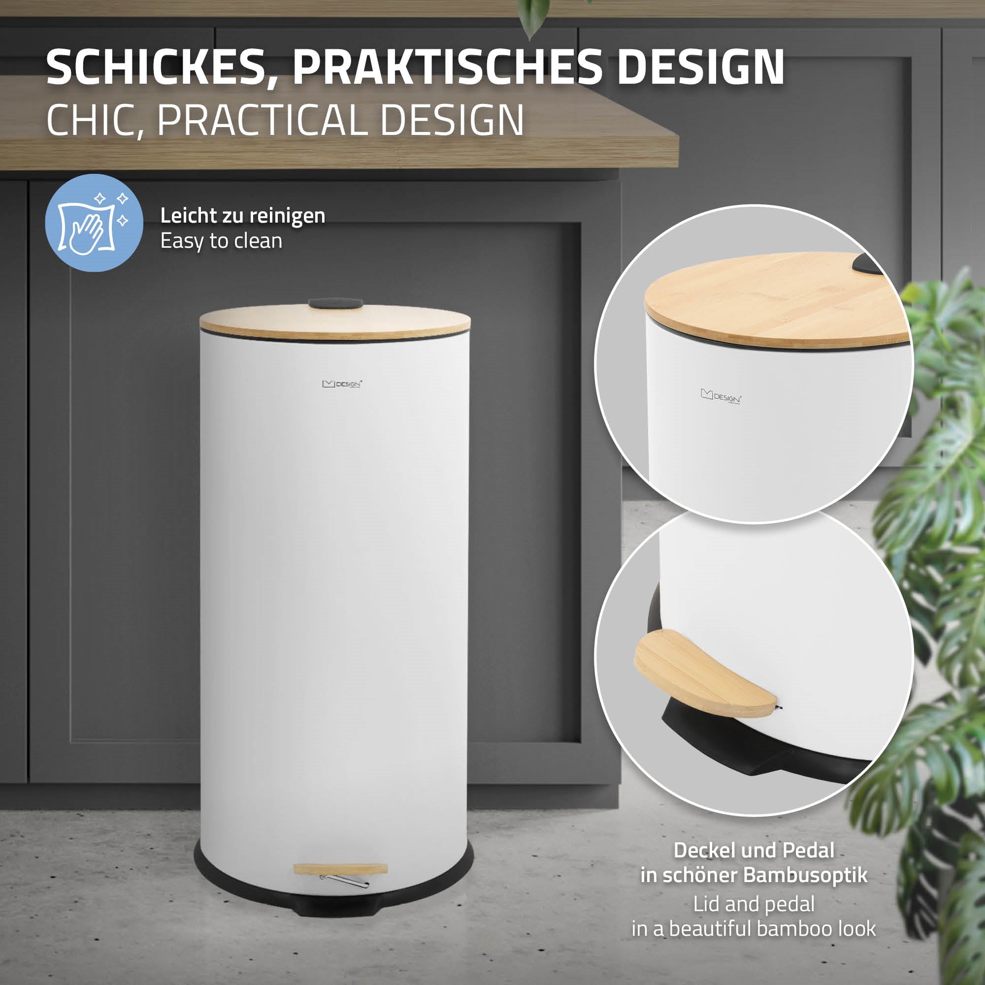 Weißer Mülleimer mit Holzdeckel und Pedal, auf einer Küchenarbeitsplatte.