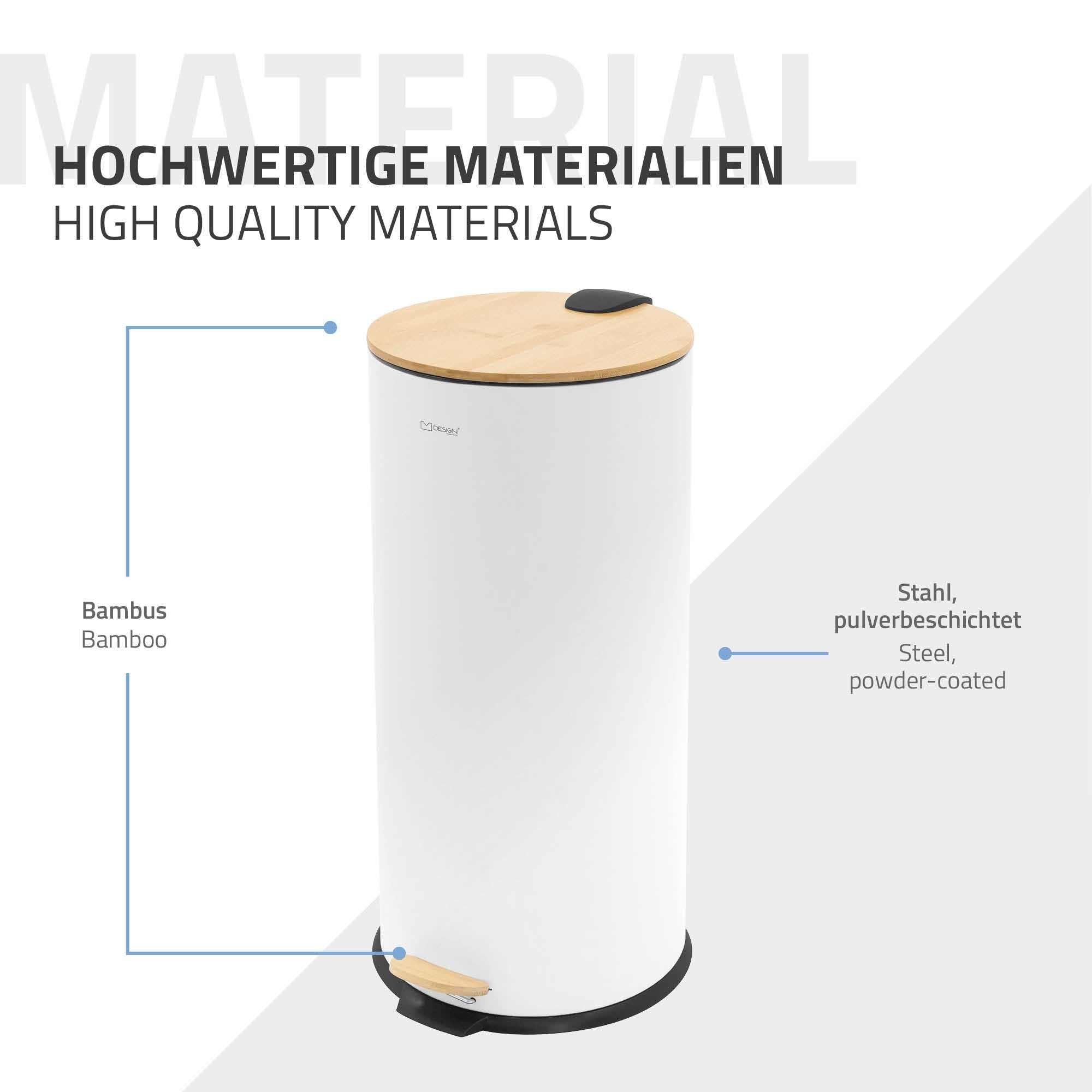 Müllbehälter aus Stahl mit Bambusdeckel, beschriftet mit Materialinformationen.