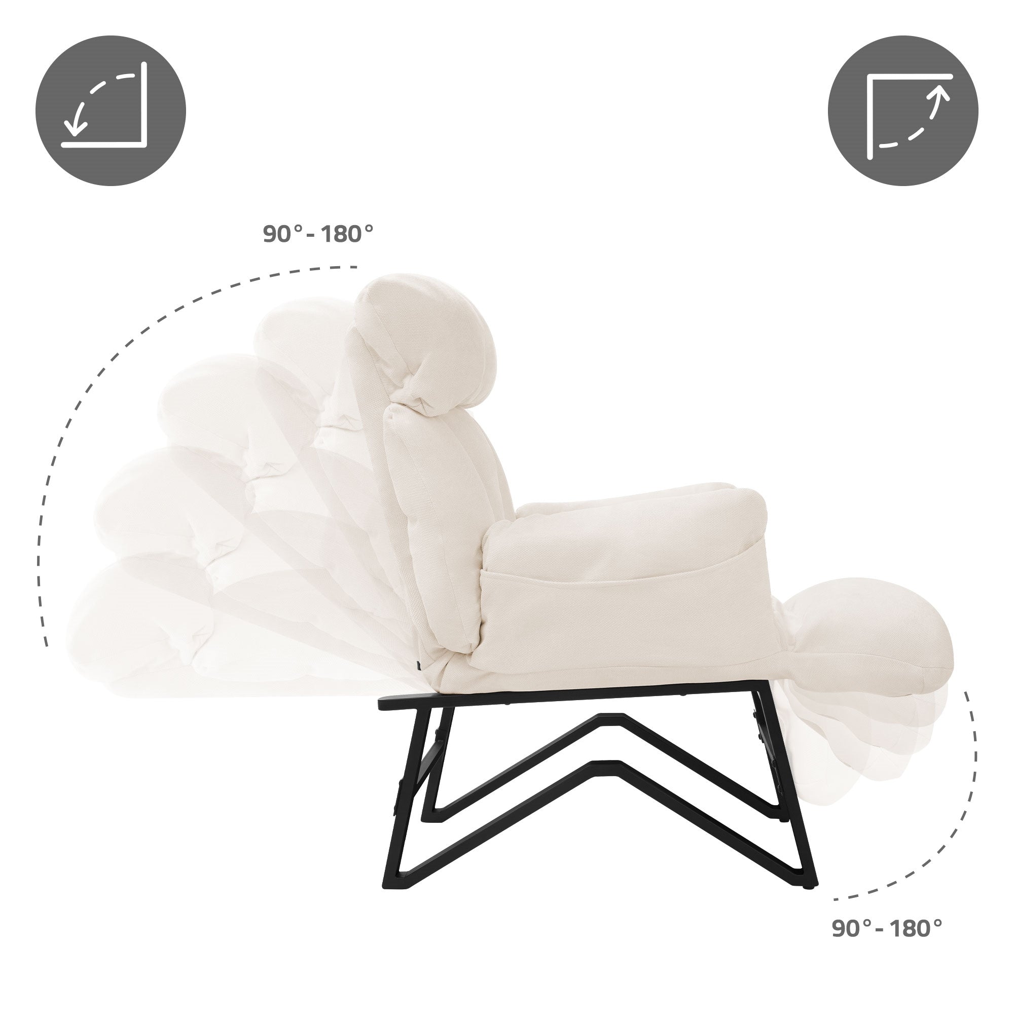Beige Sessel, der sich in verschiedene Positionen neigen lässt, mit schwarzen Gestell.