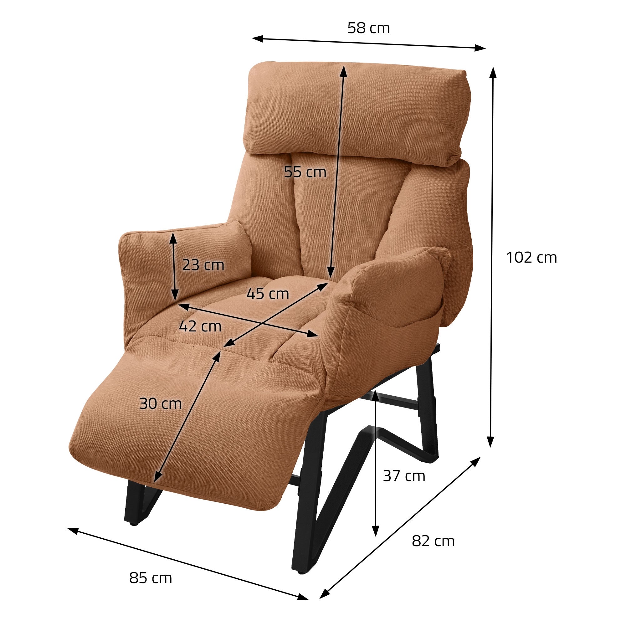 Måltegning for en lænestol med dimensioner i centimeter.