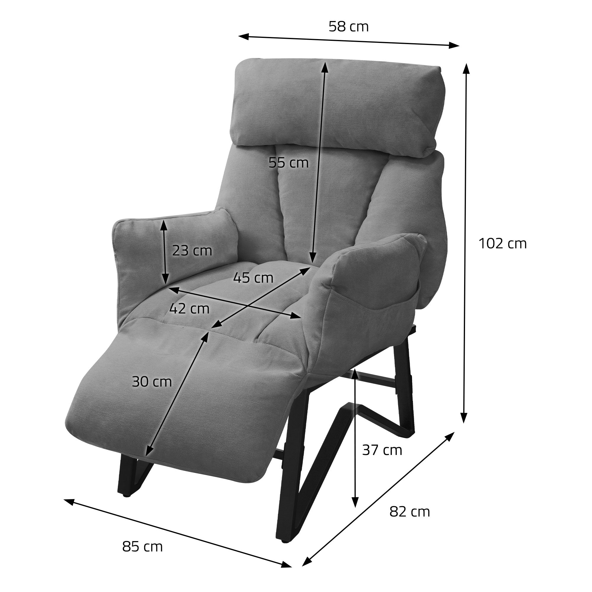 Grauer Sessel mit Maßangaben in Zentimetern.