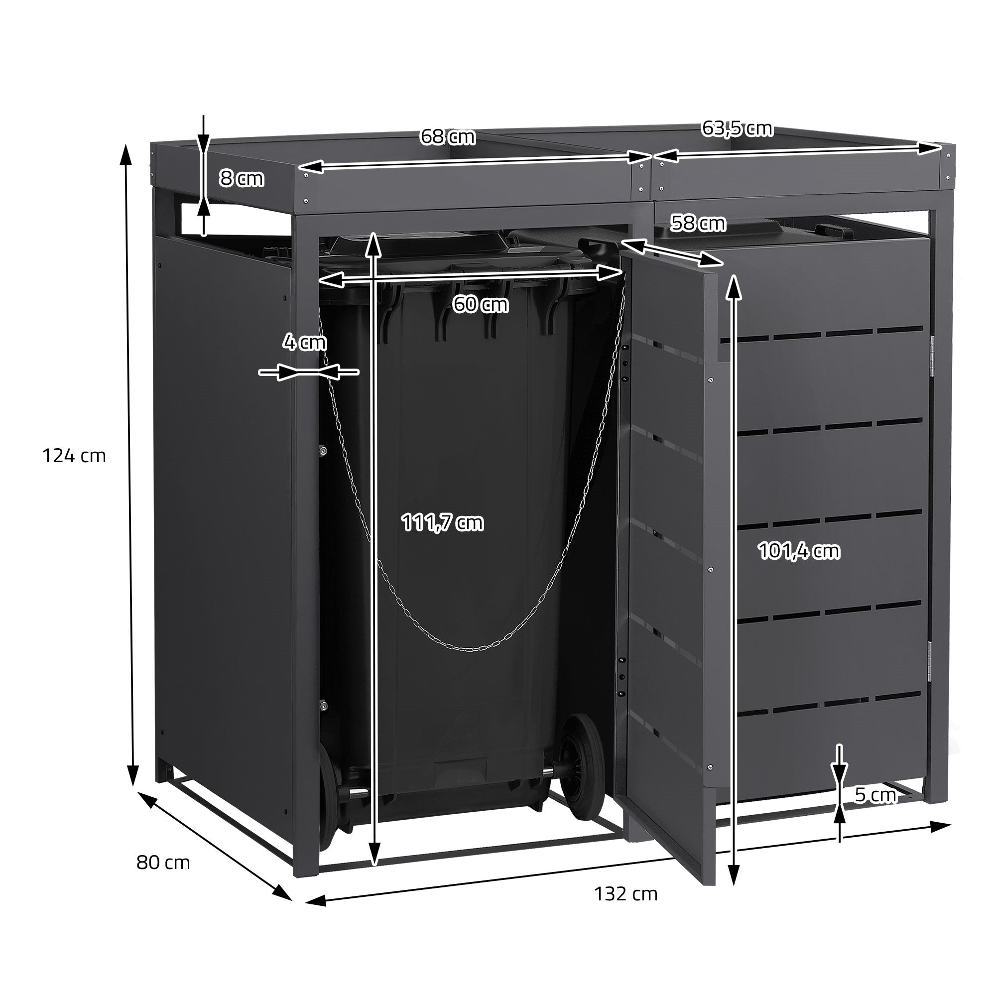 Mülltonnenbox mit Abmessungen und zwei Mülltonnen im Inneren.