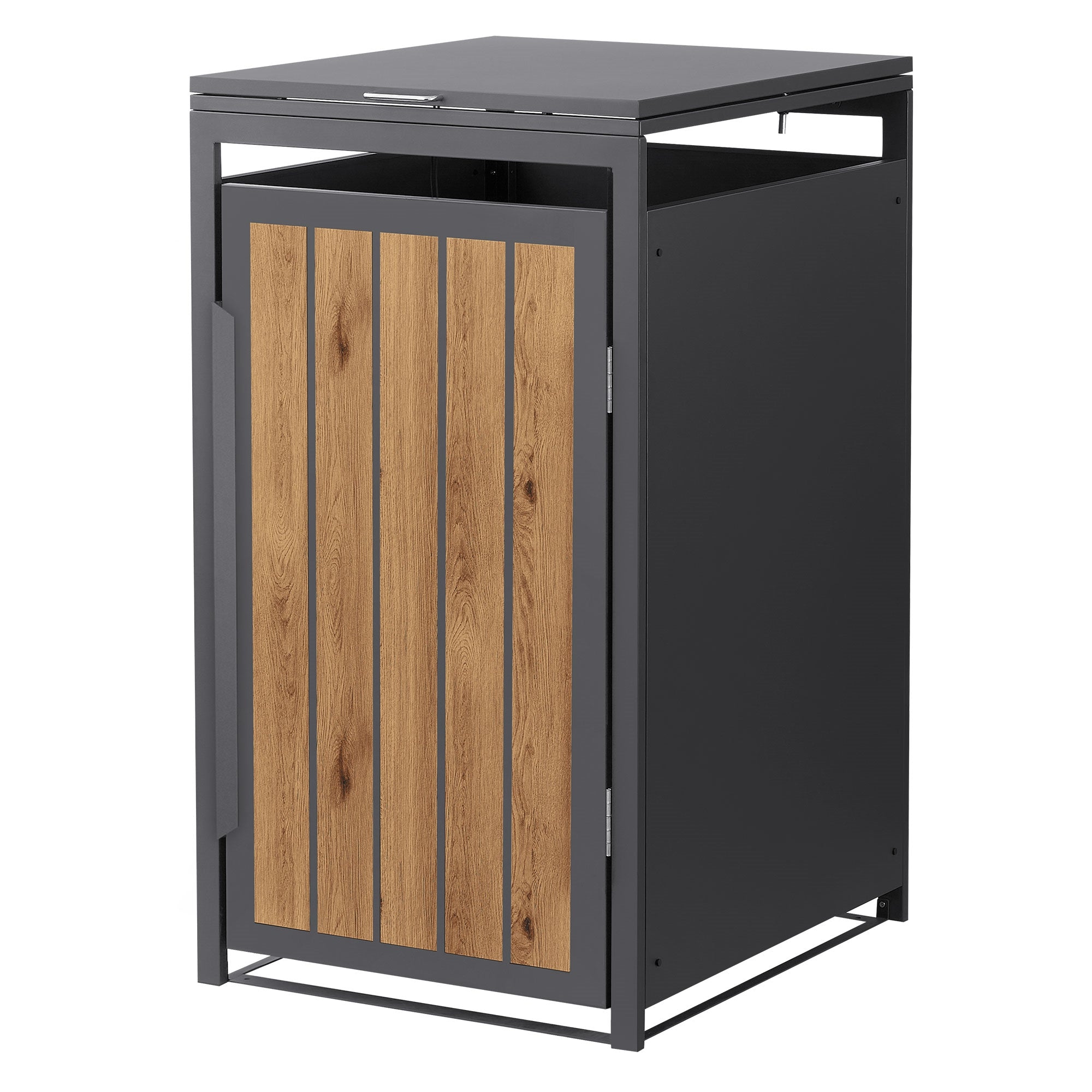 Caja para cubos de basura con revestimiento de madera y tapa abierta.